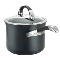 A saucepan from the 11-Piece Cookware Set features a black finish, glass lid, and metal handles, all crafted with durable hard-anodized construction for enhanced performance.