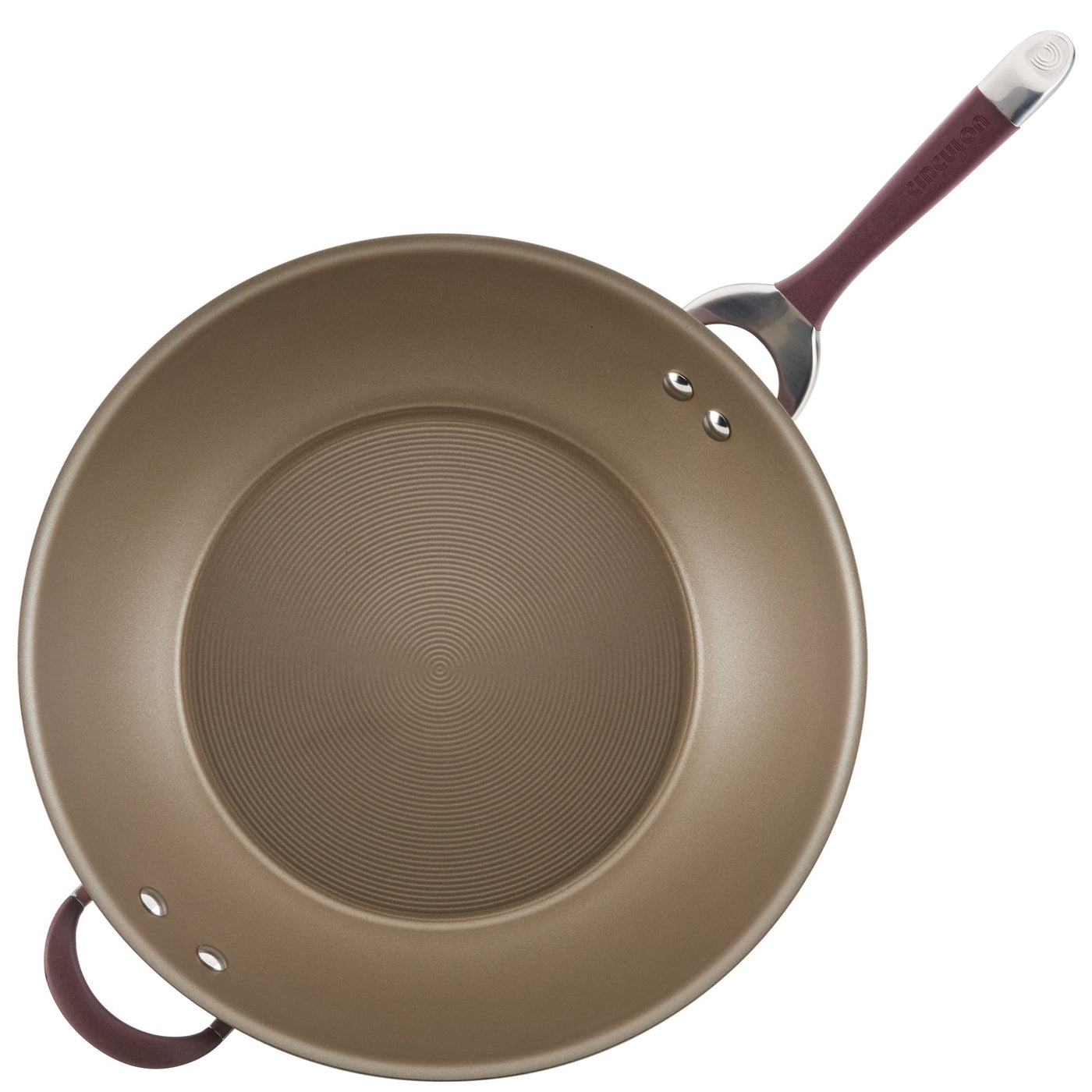 Overhead view of the 14-Inch Nonstick Stir Fry pan with a maroon handle and helper handle, crafted with the TOTAL Nonstick System for enhanced durability.