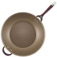 Overhead view of the 14-Inch Nonstick Stir Fry pan with a maroon handle and helper handle, crafted with the TOTAL Nonstick System for enhanced durability.