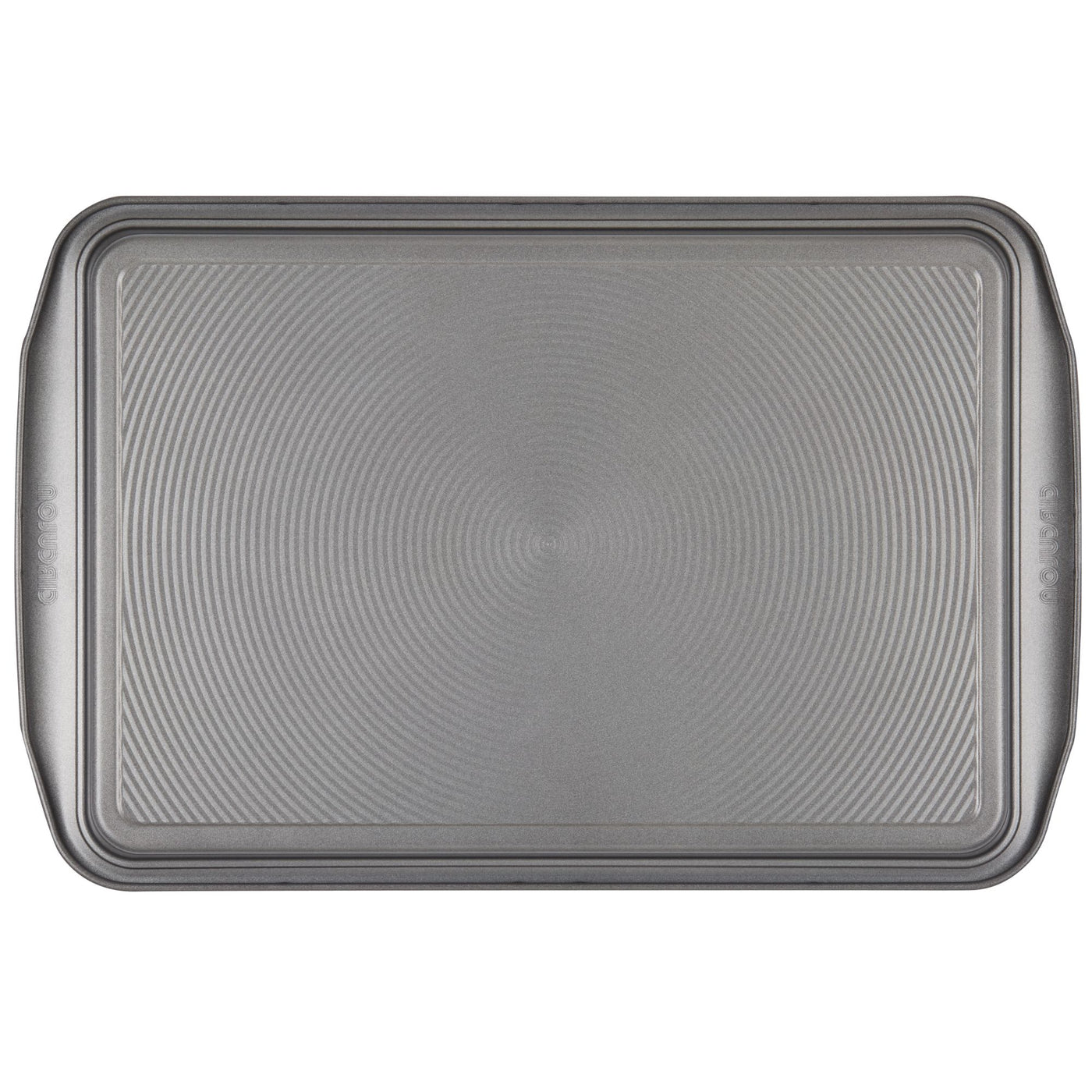A gray, oven-safe, non-stick cookie sheet from the 2-Piece Nonstick Cookie Sheet Set with raised edges is displayed on a white background.