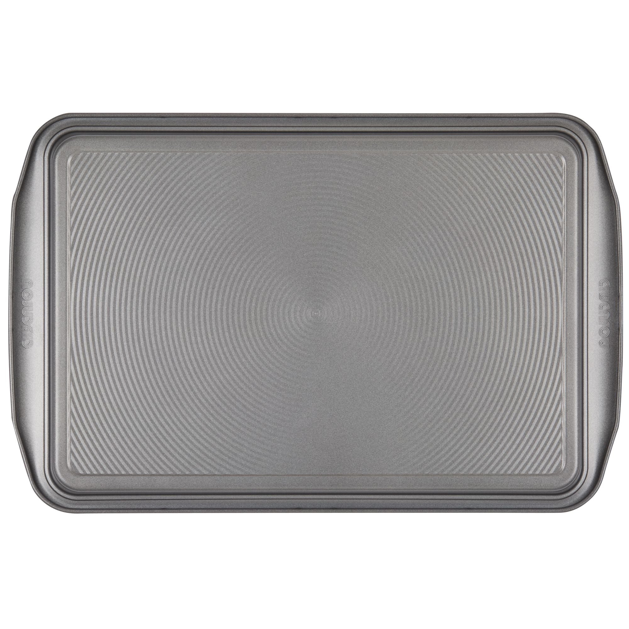 A gray, oven-safe, non-stick cookie sheet from the 2-Piece Nonstick Cookie Sheet Set with raised edges is displayed on a white background.