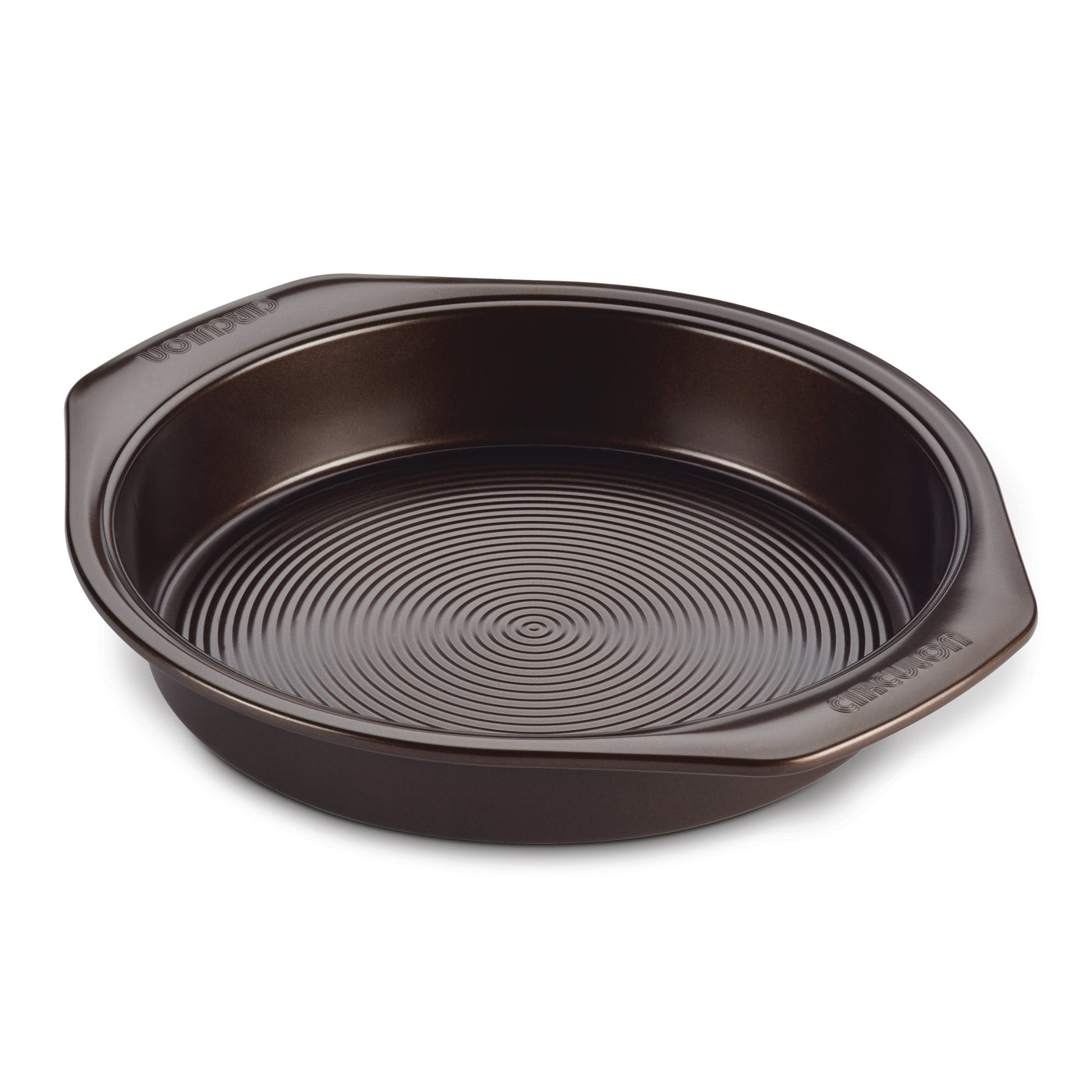 The 9-Inch Nonstick Round Cake Pan is designed with a ribbed pattern and convenient handles, making it ideal for all your baking needs.