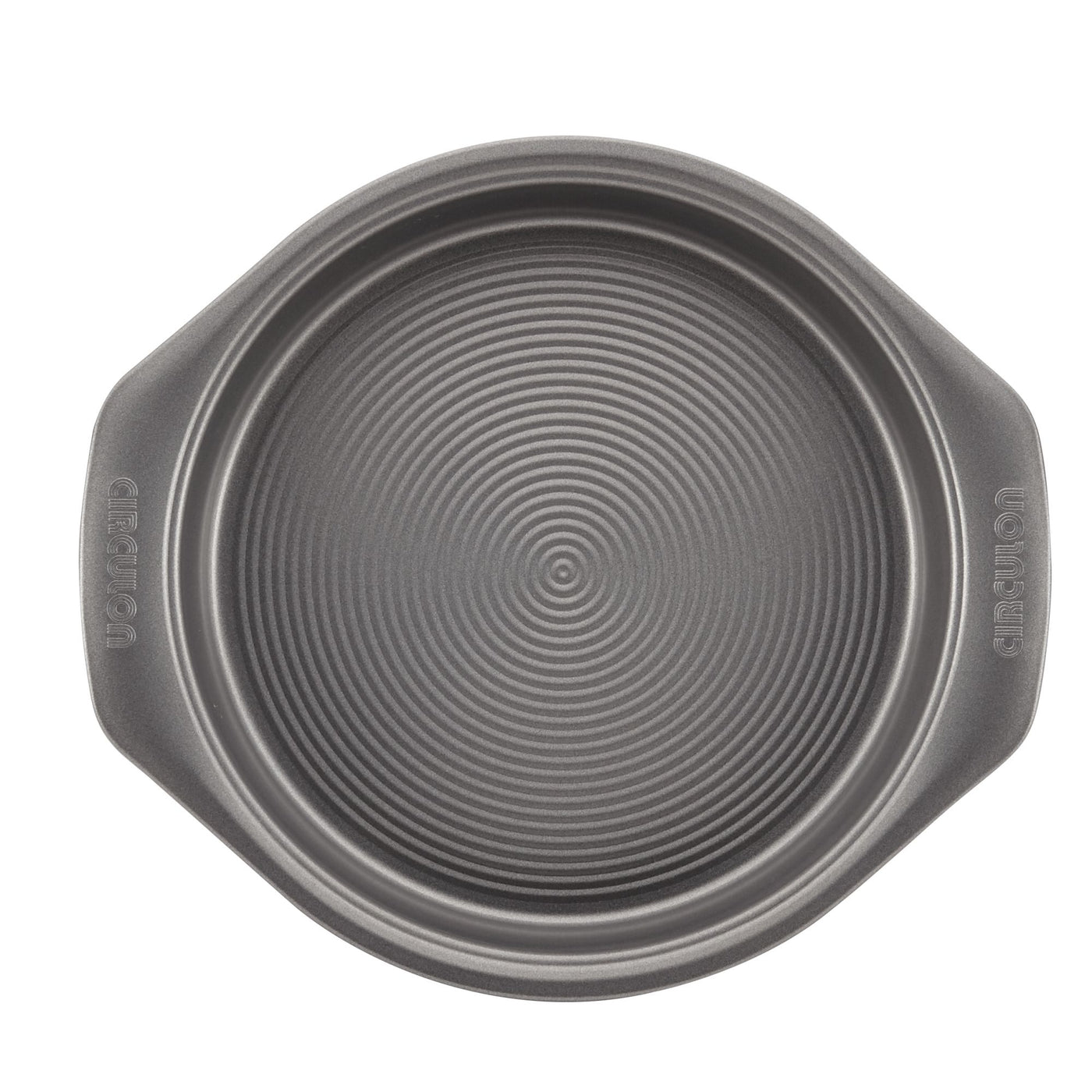 9-Inch Nonstick Round Cake Pan with handles, suitable for oven use and shown from an overhead perspective.