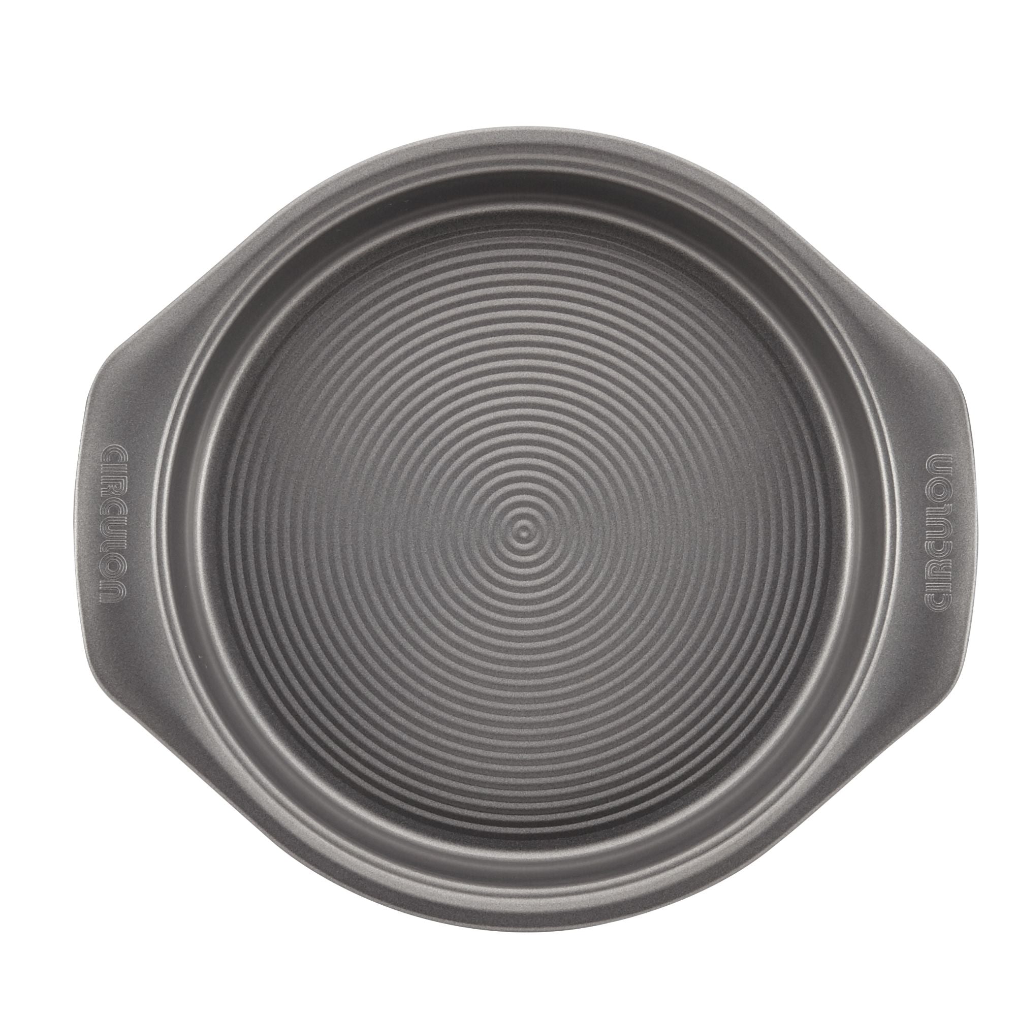 9-Inch Nonstick Round Cake Pan with handles, suitable for oven use and shown from an overhead perspective.
