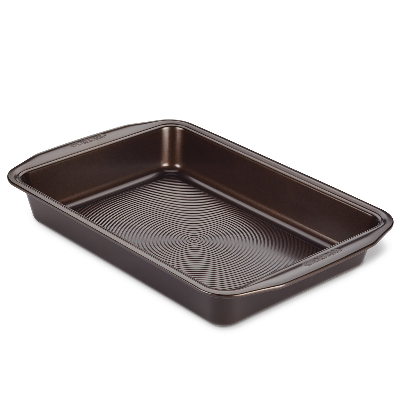 9" x 13" Nonstick Rectangular Cake Pan with a ridged bottom interior crafted in dark metal, featuring advanced nonstick technology for effortless food release.