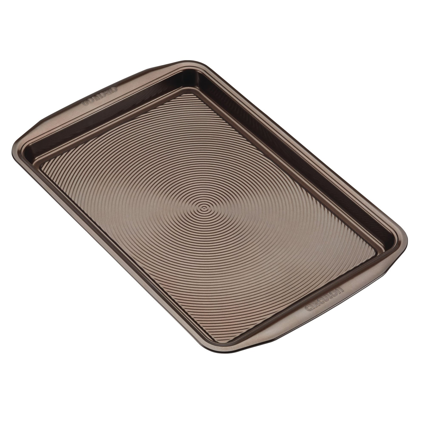 Introducing a rectangular baking sheet from the 5-Piece Nonstick Bakeware Set, crafted from heavy gauge steel. It features a wavy pattern and convenient handles for easy maneuvering.