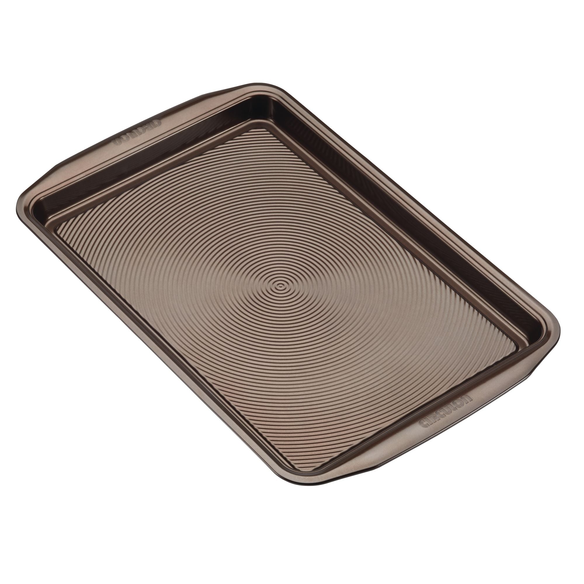 Introducing a rectangular baking sheet from the 5-Piece Nonstick Bakeware Set, crafted from heavy gauge steel. It features a wavy pattern and convenient handles for easy maneuvering.