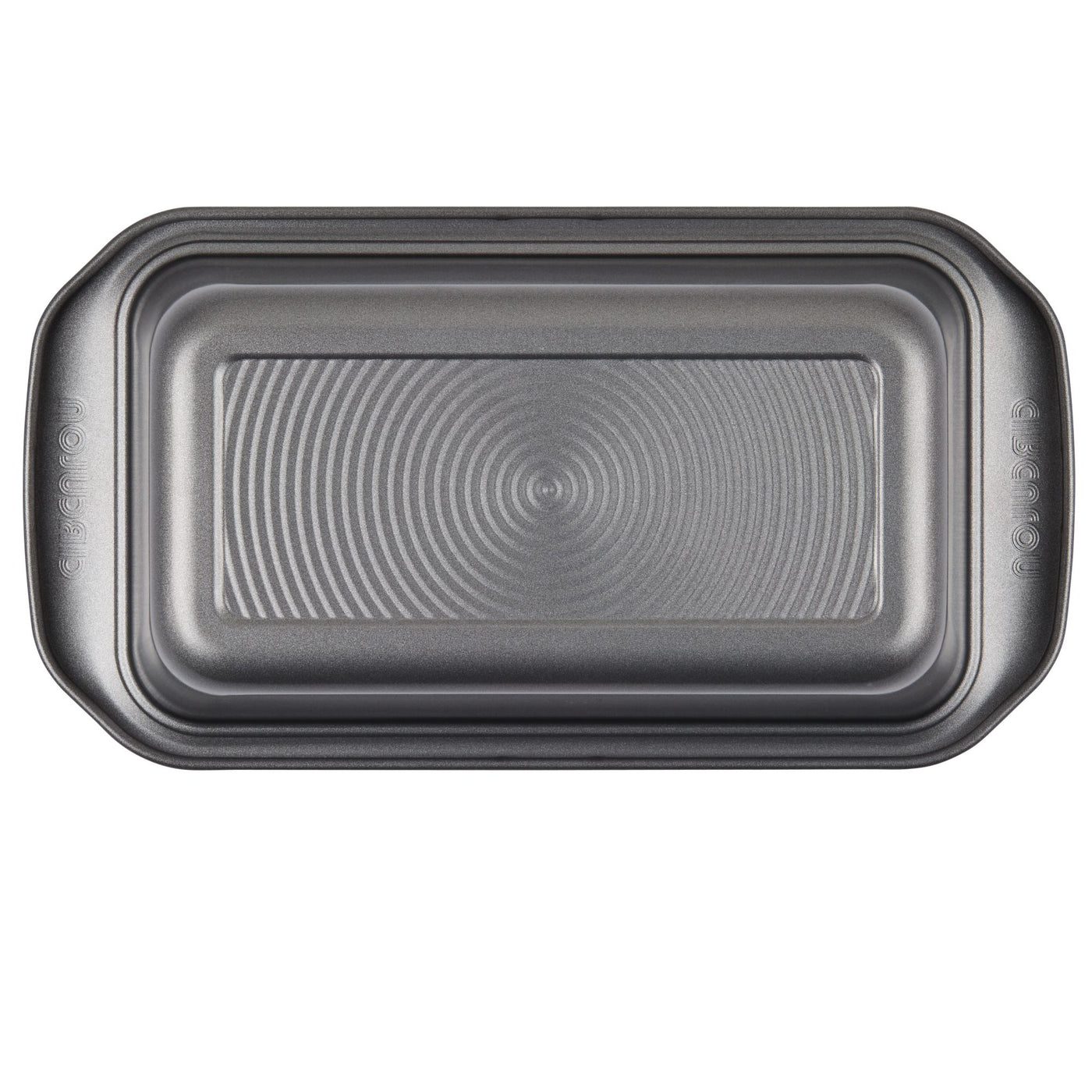 High-quality nonstick 9" x 5" loaf pan with an elegant embossed circular pattern, ideal for baking delicious treats.