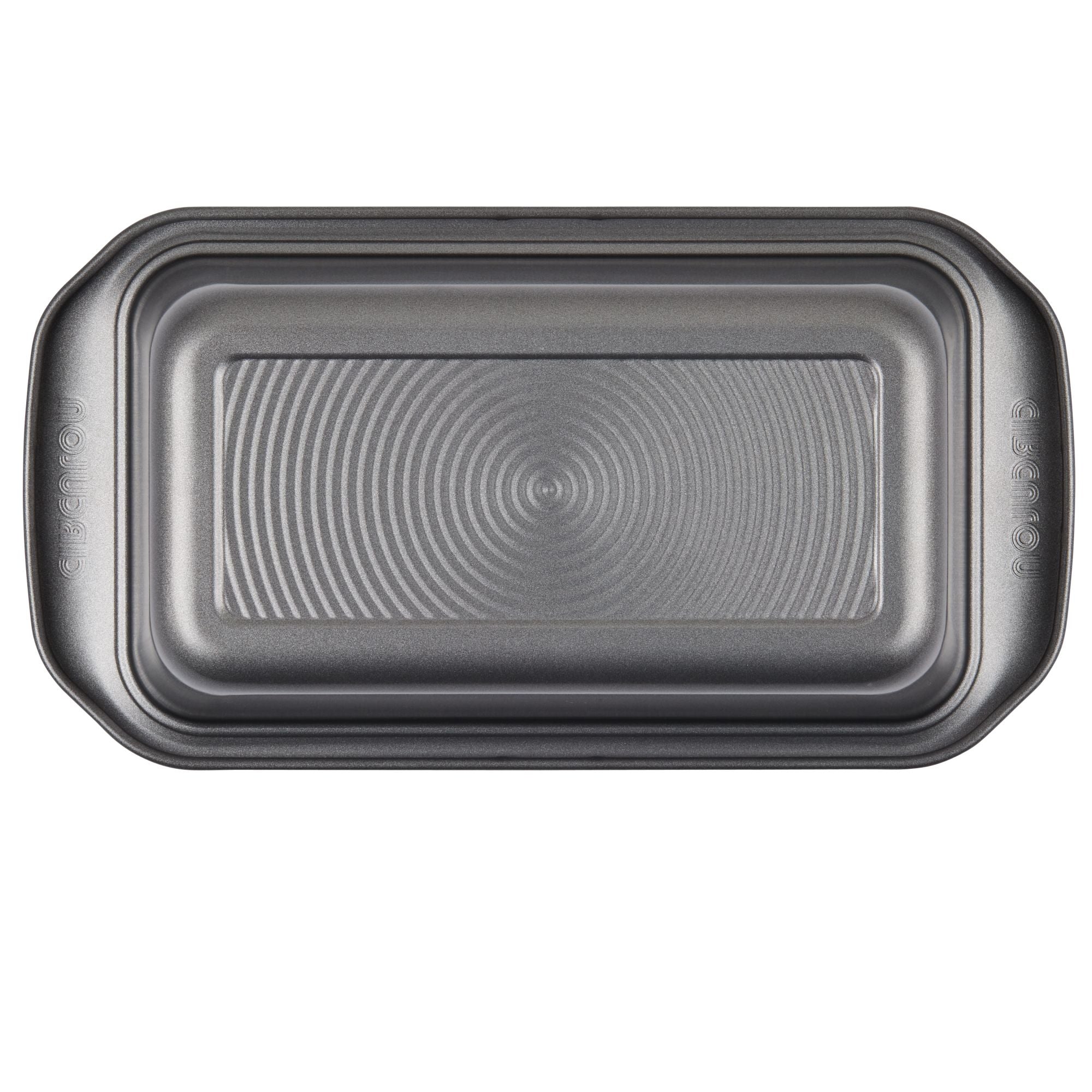 High-quality nonstick 9" x 5" loaf pan with an elegant embossed circular pattern, ideal for baking delicious treats.