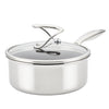The 2 Quart Covered Saucepan is crafted from stainless steel with nonstick SteelShield technology, featuring a glass lid and a sturdy metal handle.