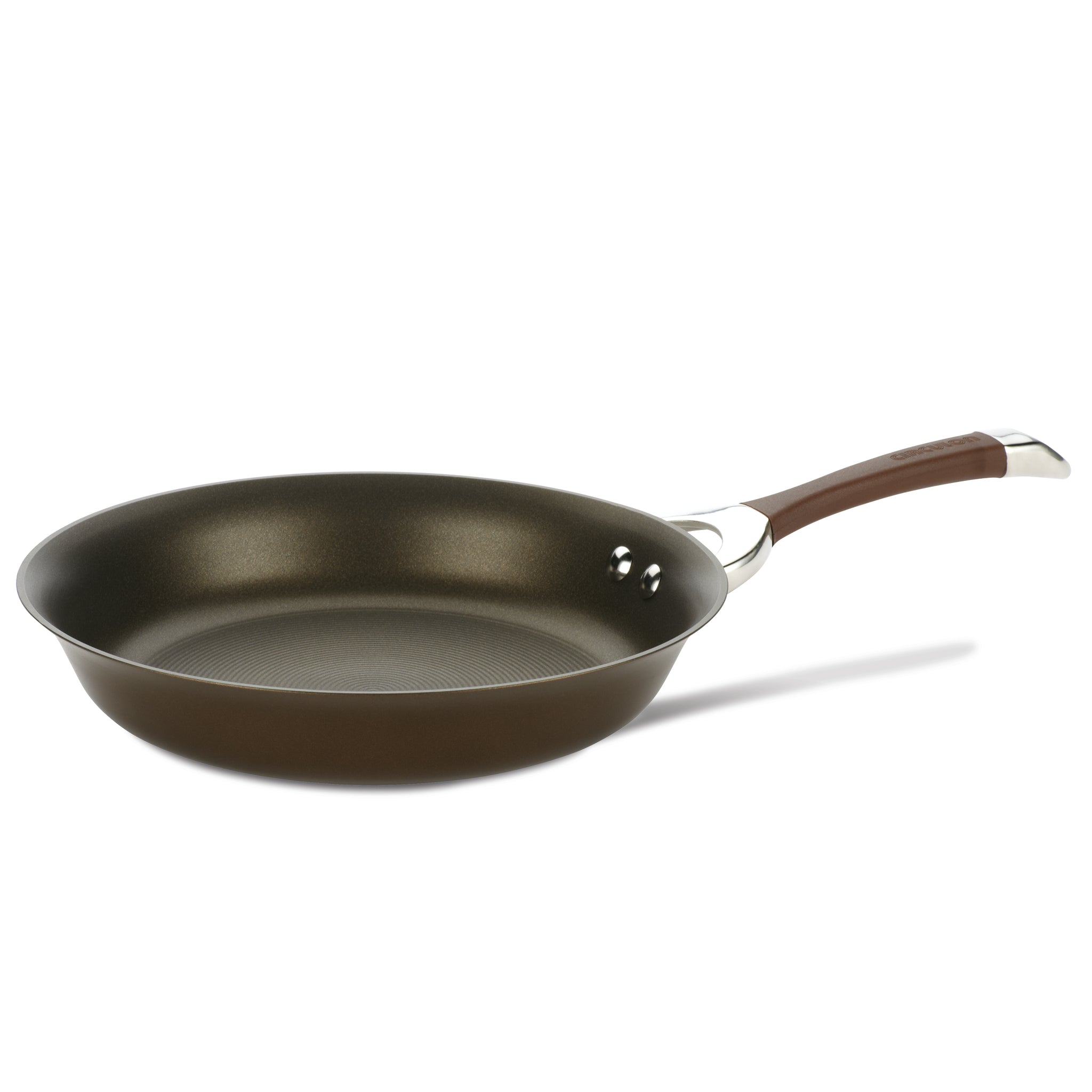 The 8.5-Inch Nonstick Frying Pan, featuring a hard-anodized design with a brown handle, is elegantly displayed on a white background and is expertly crafted for compatibility with induction stovetops.