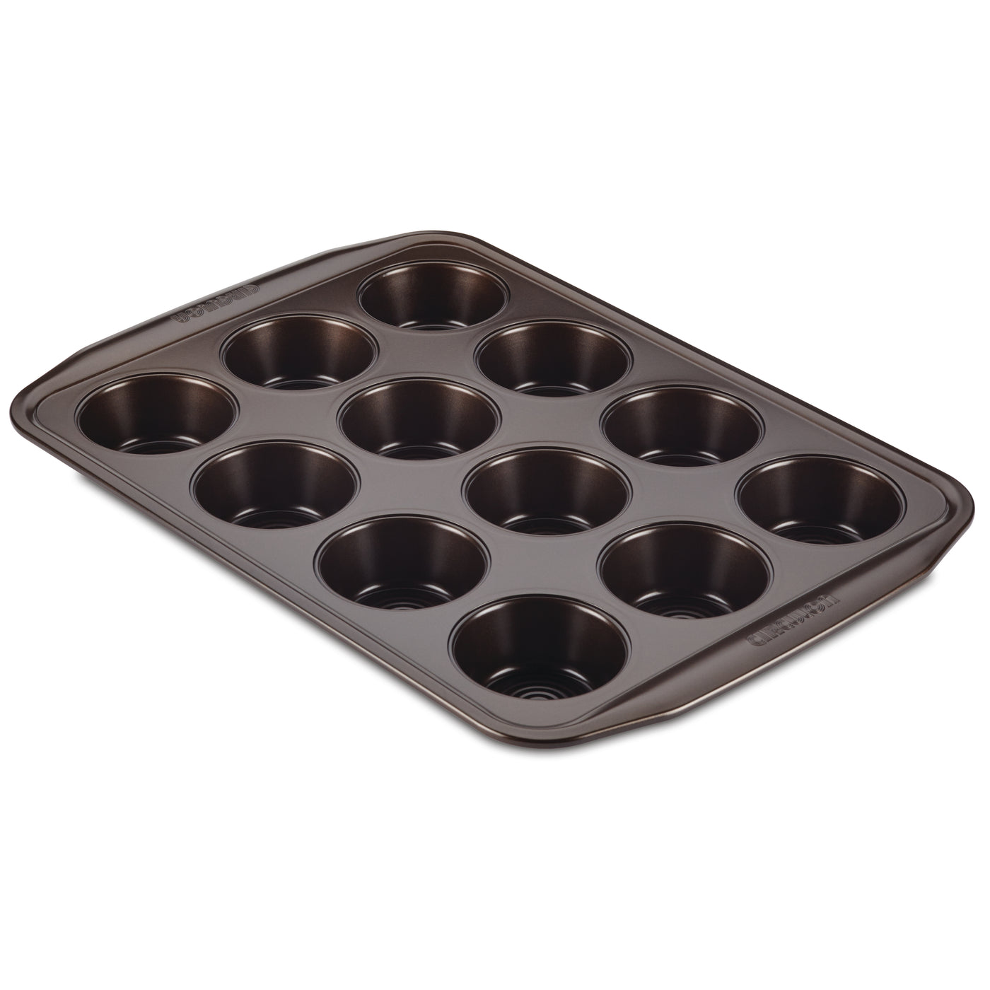 Nonstick Muffin Pan with 12 cups, ideal for oven-safe baking due to its dark non-stick metal surface.