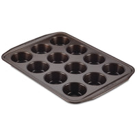 Nonstick Muffin Pan with 12 cups, ideal for oven-safe baking due to its dark non-stick metal surface.