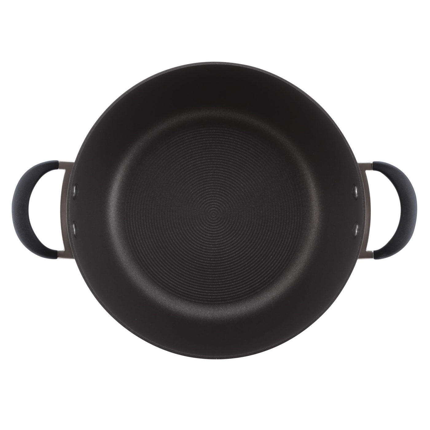 The 5.5-Quart Nonstick Casserole, made from heavy-duty hard-anodized aluminum and featuring dual handles, is ideal for creating a one-pot meal maker as observed from above.