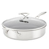 5 Quart Tri-Ply Clad Nonstick Saute featuring SteelShield technology, equipped with a glass lid and an additional helper handle for easy maneuvering.