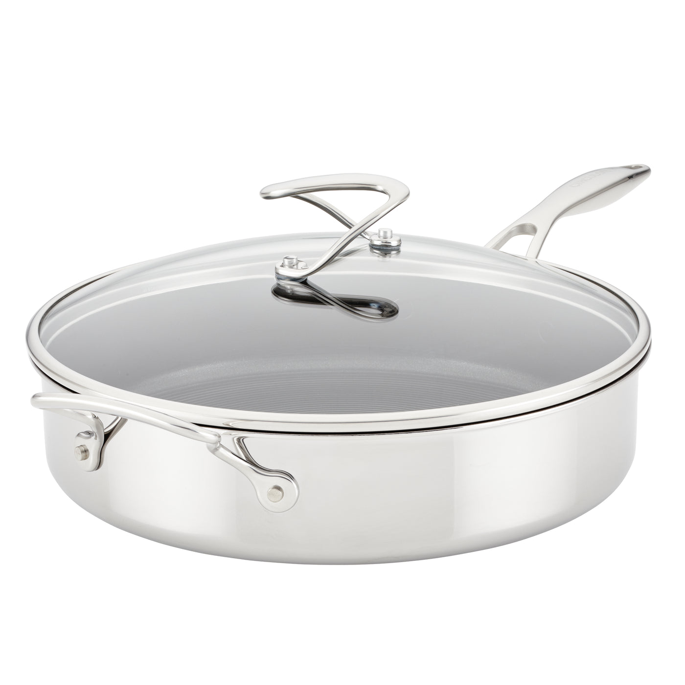 5 Quart Tri-Ply Clad Nonstick Saute featuring SteelShield technology, equipped with a glass lid and an additional helper handle for easy maneuvering.