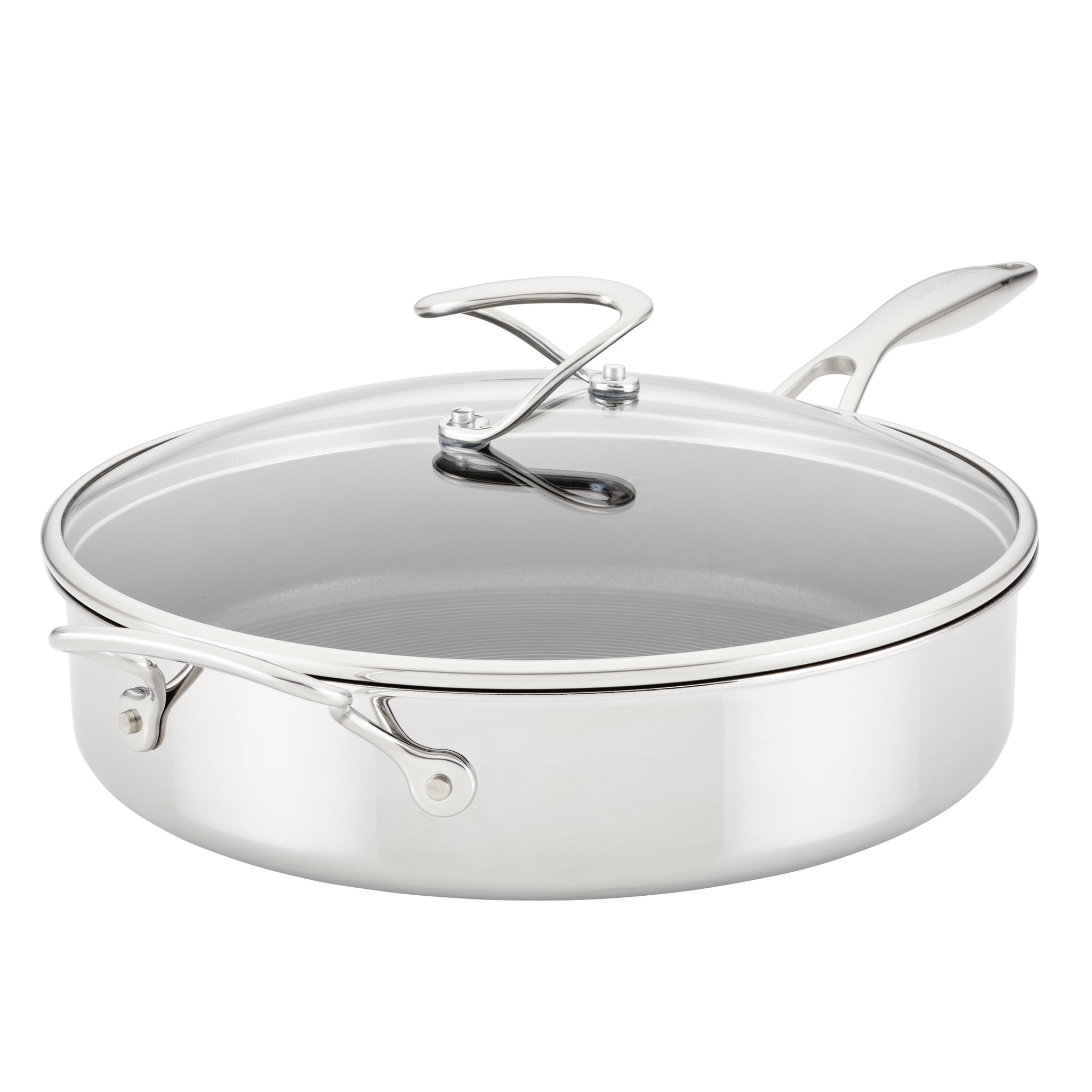 5 Quart Tri-Ply Clad Nonstick Saute featuring SteelShield technology, equipped with a glass lid and an additional helper handle for easy maneuvering.