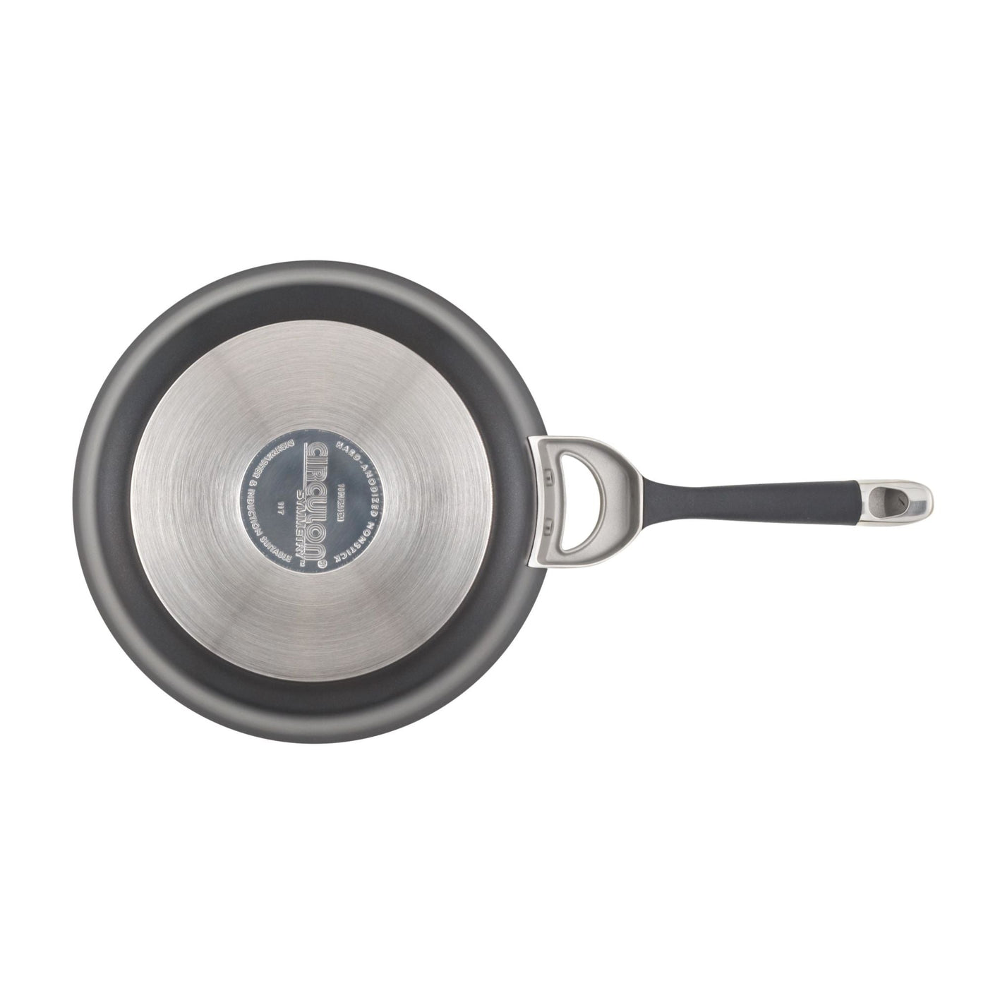 A top view of the Hard-Anodized Frying Pan Set reveals a sleek black handle and a robust metal base, highlighting the innovative TOTAL Nonstick System. Additionally, this frying pan set offers the convenience of being dishwasher safe.