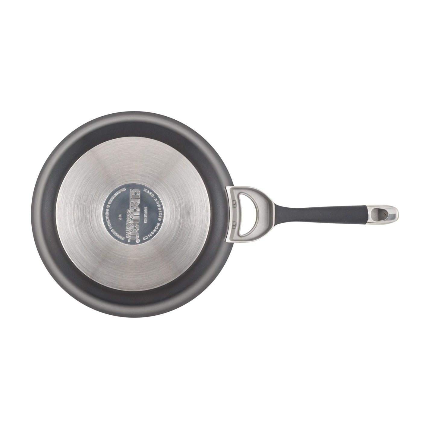 Top view of the 8.5-Inch Nonstick Frying Pan featuring a black handle and silver base, designed to be compatible with induction stovetops.