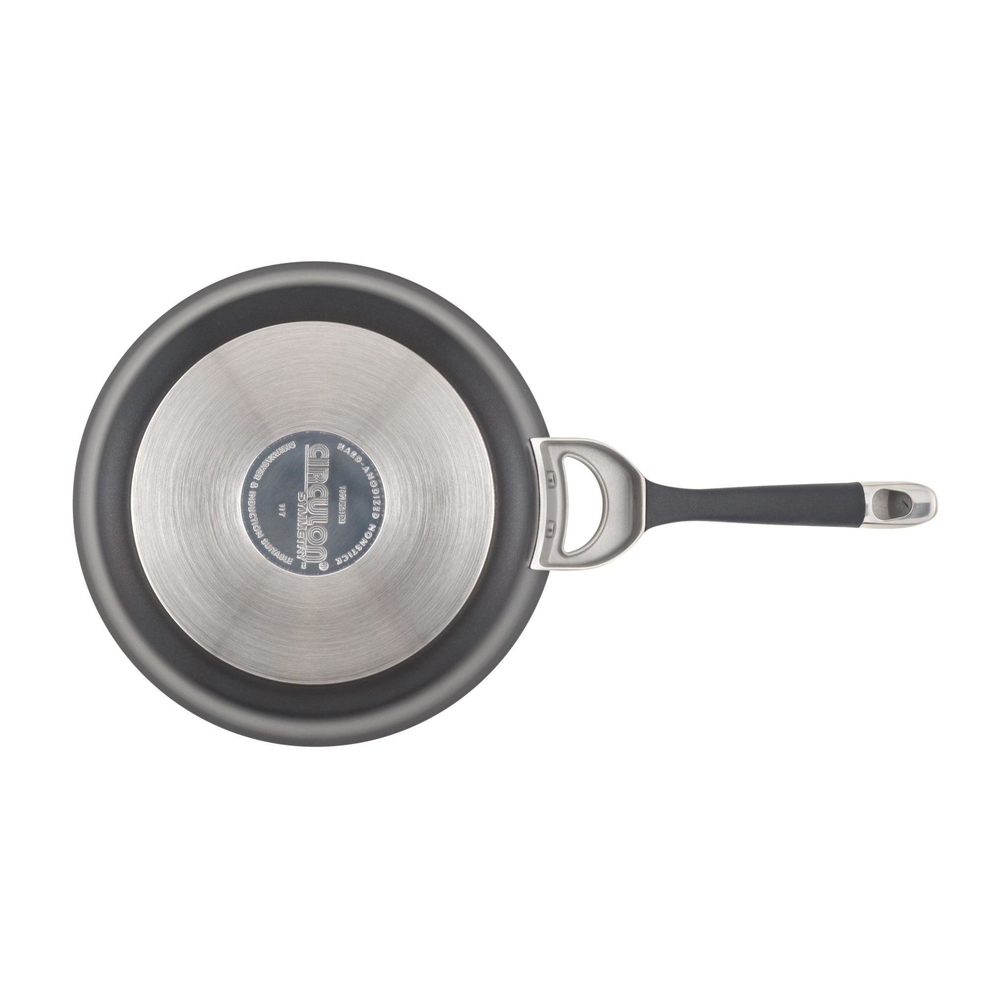 Top view of the 8.5-Inch Nonstick Frying Pan featuring a black handle and silver base, designed to be compatible with induction stovetops.