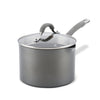 3-quart nonstick straining saucepan in gray hard-anodized aluminum, complete with a glass lid featuring strainer holes on the rim.