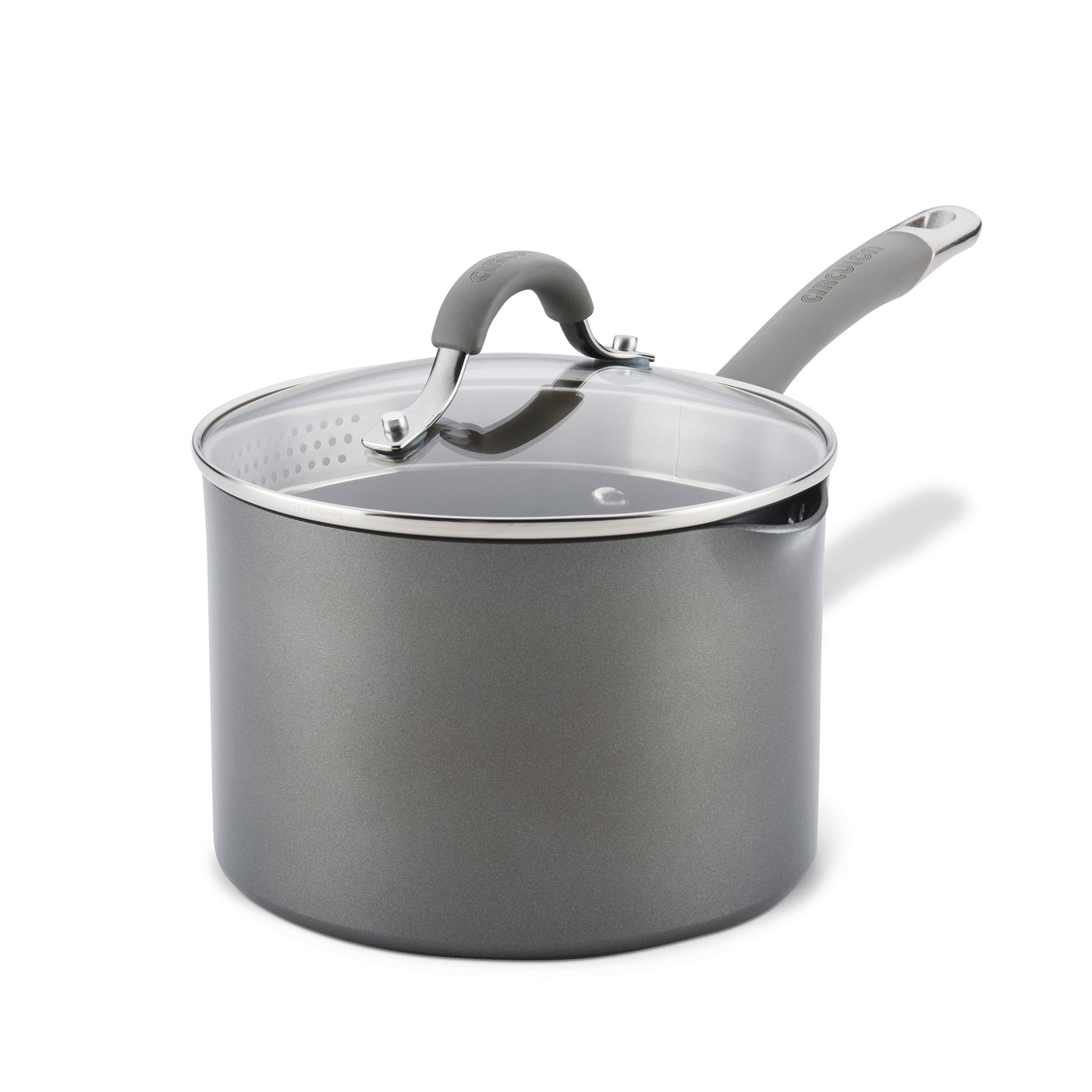 3-quart nonstick straining saucepan in gray hard-anodized aluminum, complete with a glass lid featuring strainer holes on the rim.