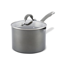 3-quart nonstick straining saucepan in gray hard-anodized aluminum, complete with a glass lid featuring strainer holes on the rim.