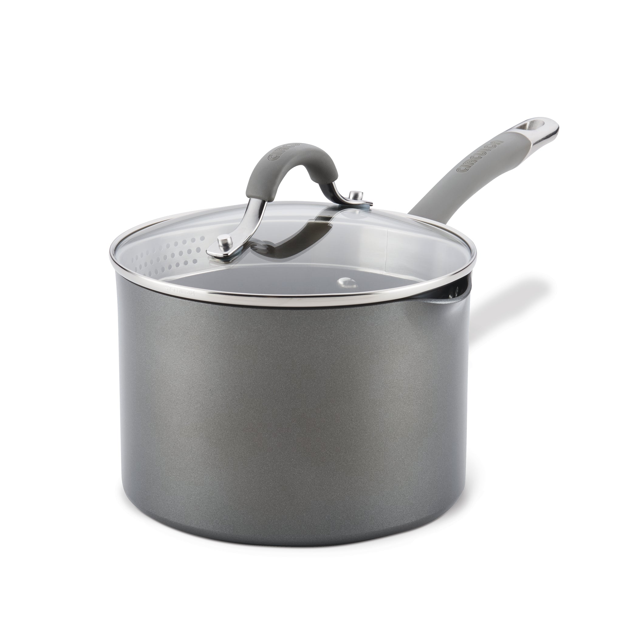 3-quart nonstick straining saucepan in gray hard-anodized aluminum, complete with a glass lid featuring strainer holes on the rim.