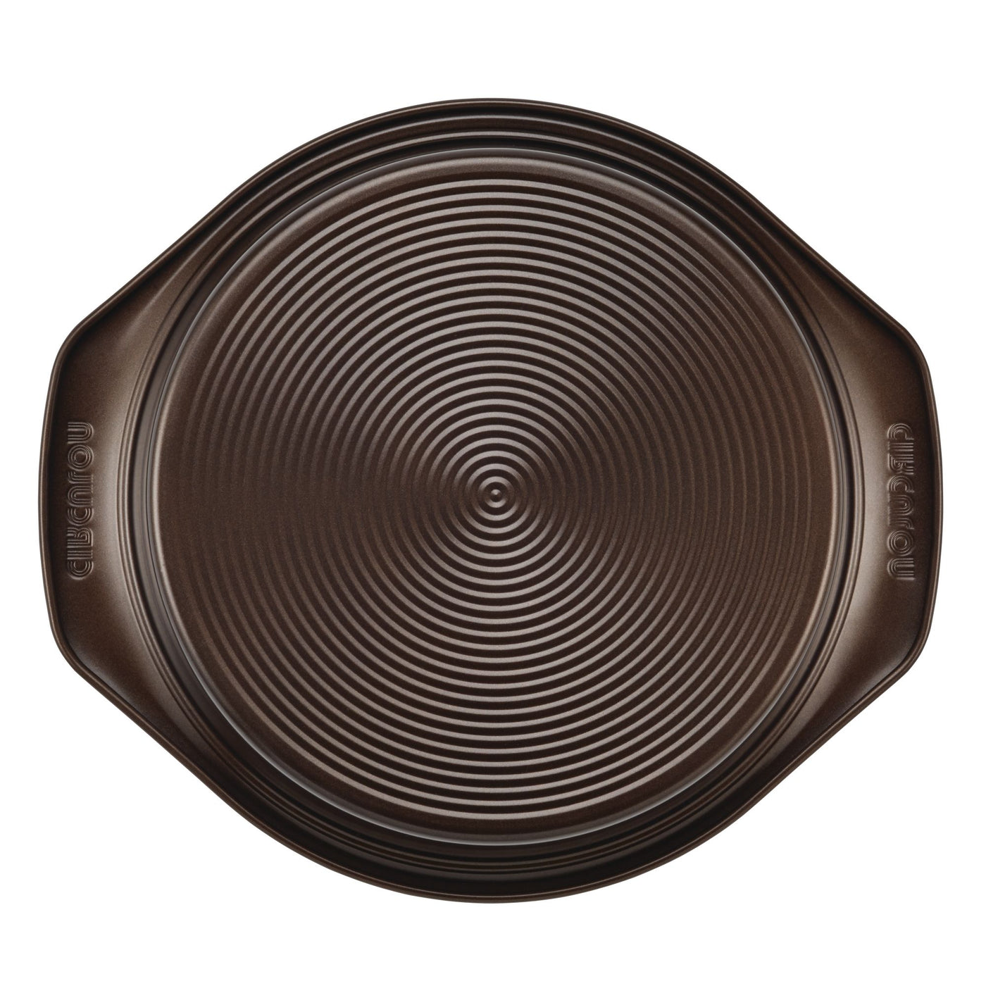 Aerial view of the 9-Inch Nonstick Round Cake Pan in dark gray, featuring two built-in handles. Oven safe for versatile baking.