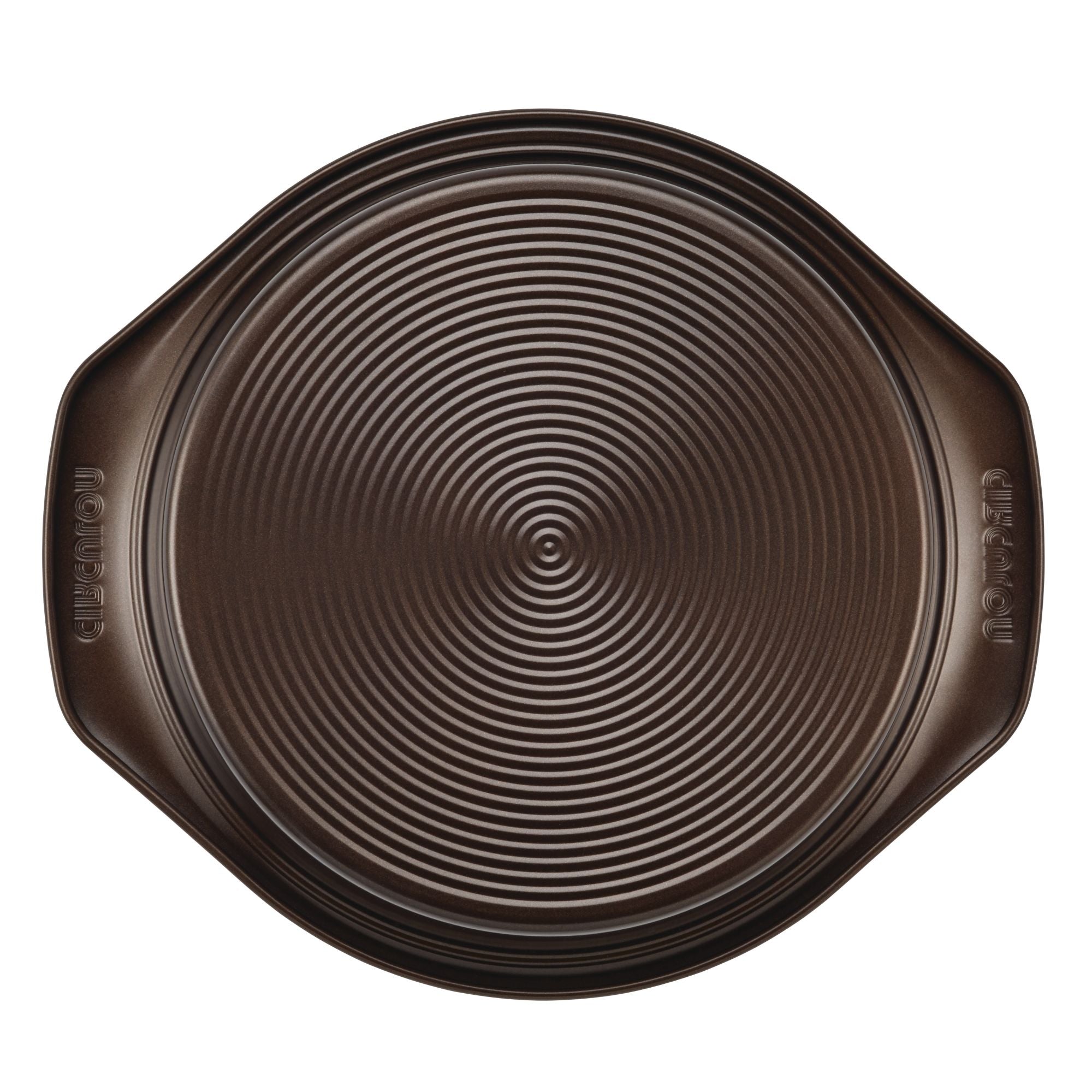 Aerial view of the 9-Inch Nonstick Round Cake Pan in dark gray, featuring two built-in handles. Oven safe for versatile baking.