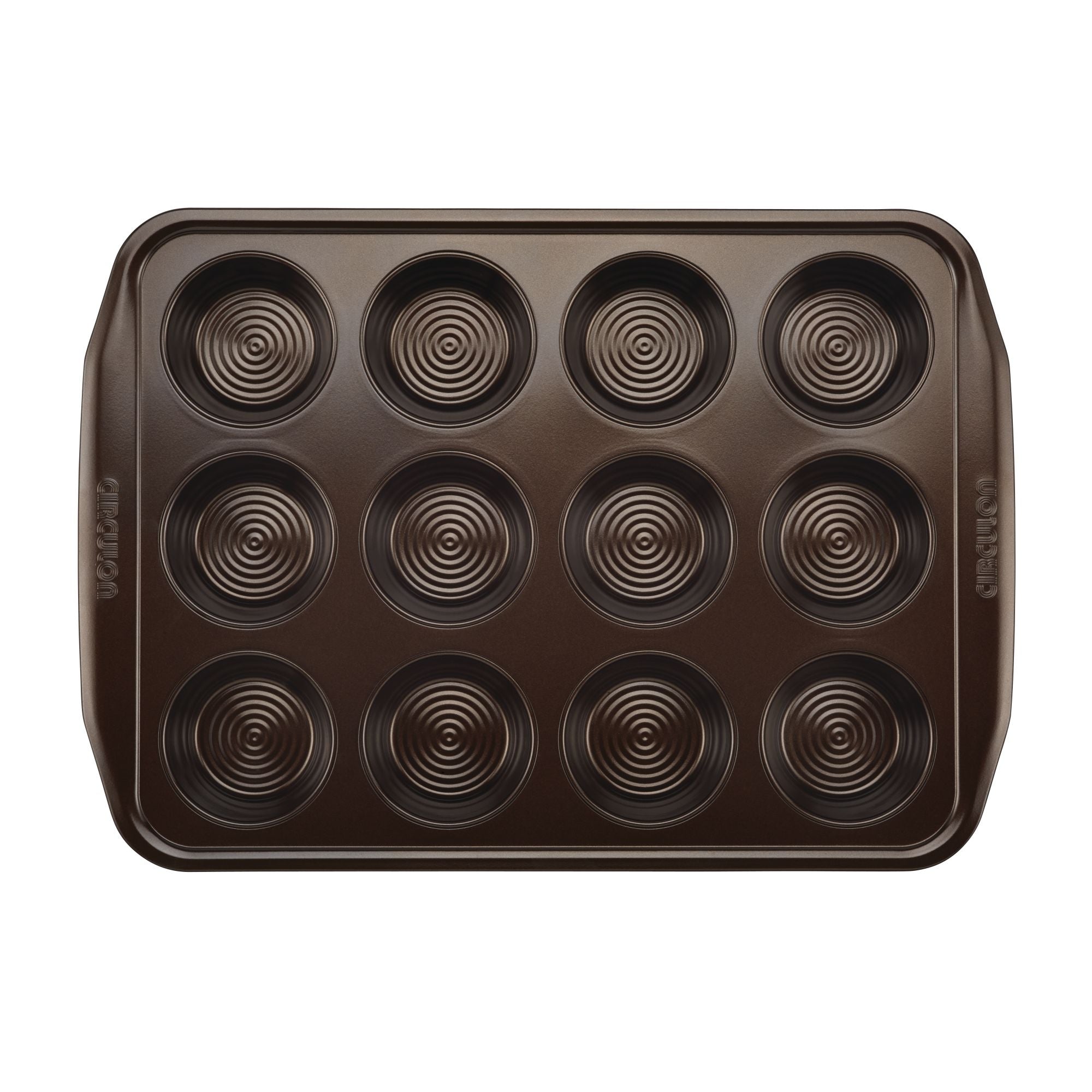 The Nonstick Muffin Pan, ideal for oven-safe baking, includes circular ridges in each of its twelve cups.