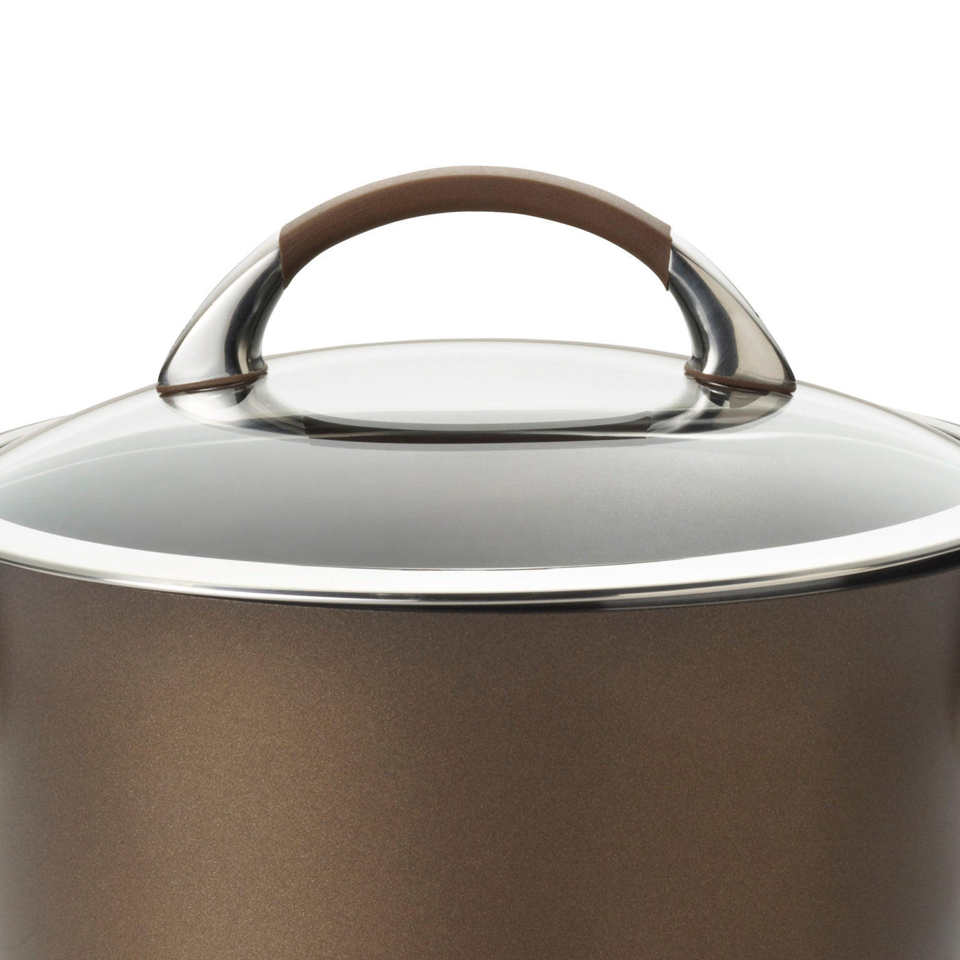 The 5.5-Quart Nonstick Casserole includes a transparent glass cover and a brown handle, constructed from durable hard-anodized aluminum, making it an ideal one pot meal maker for any kitchen.