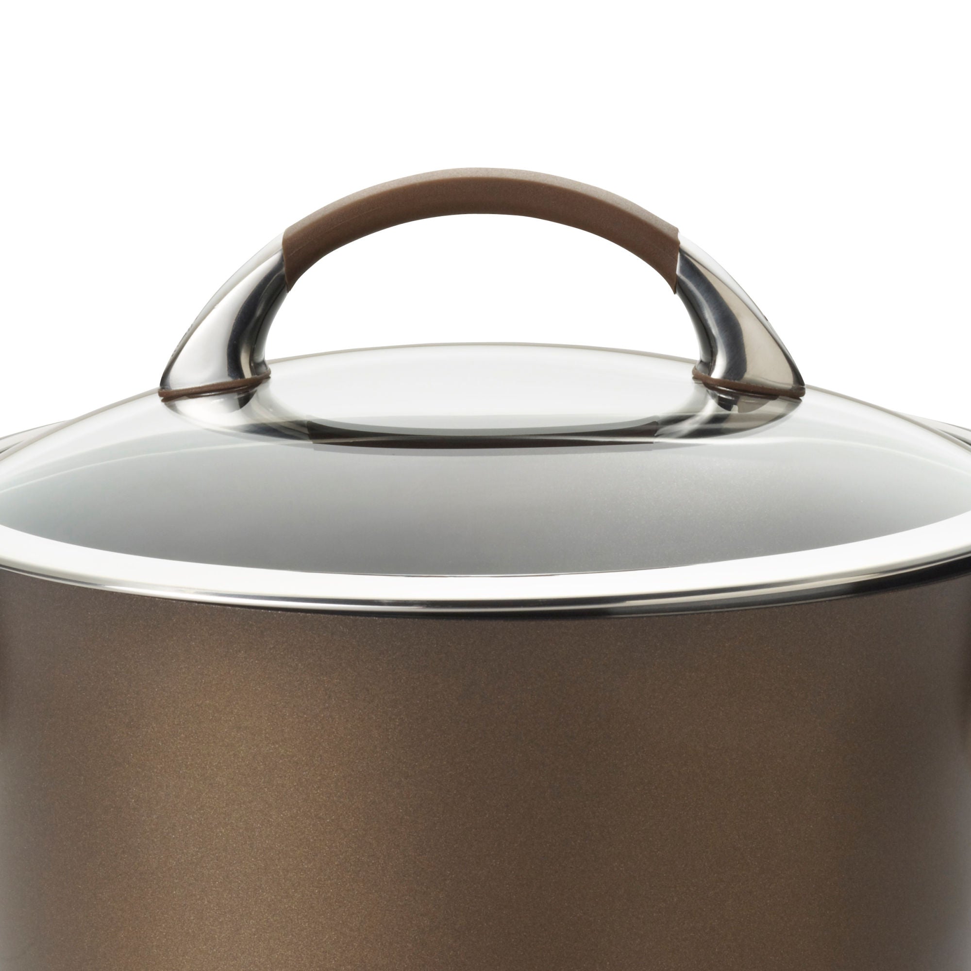 The 5.5-Quart Nonstick Casserole includes a transparent glass cover and a brown handle, constructed from durable hard-anodized aluminum, making it an ideal one pot meal maker for any kitchen.