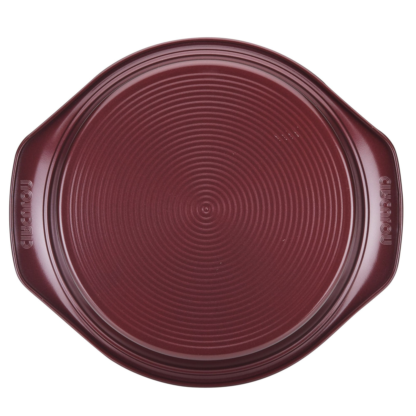 Nonstick, ridged-surface 9-inch round cake pan in dark maroon, featuring side handles for easy oven-safe baking.