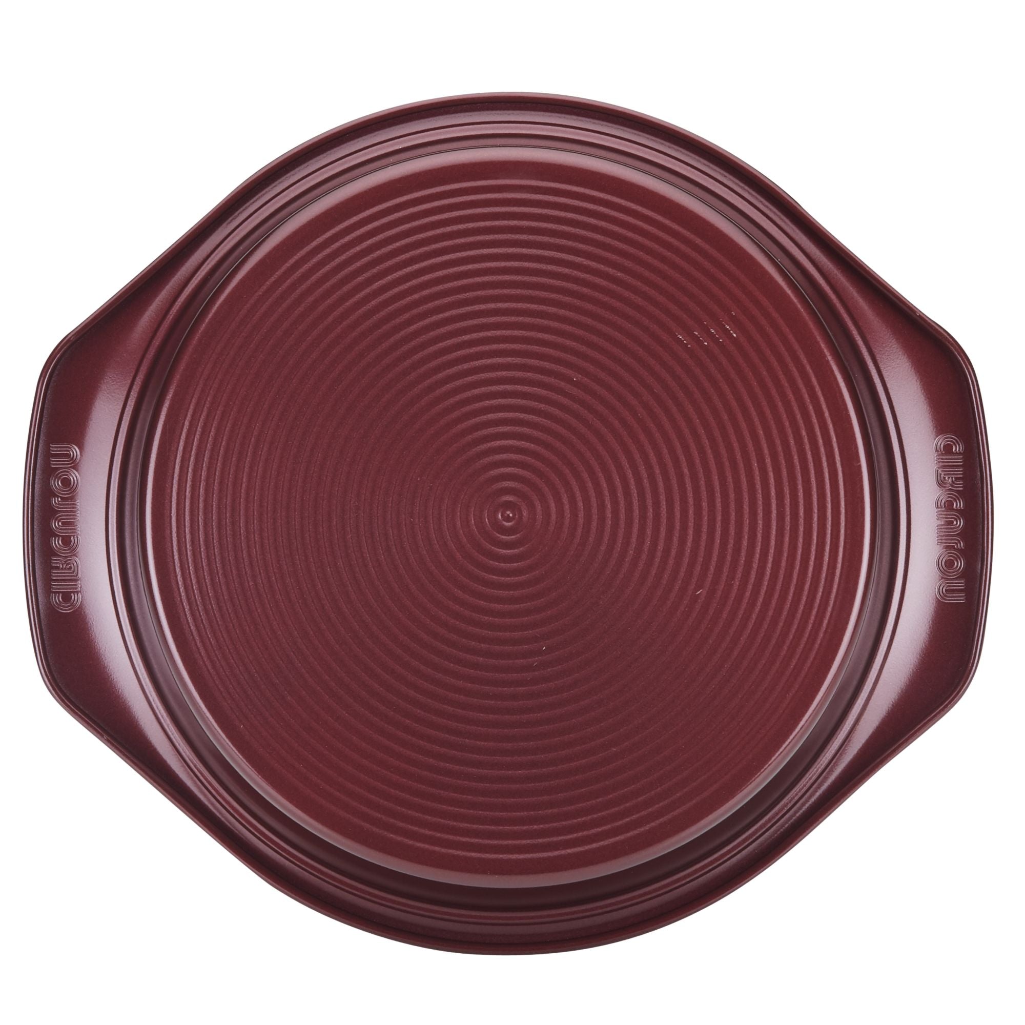 Nonstick, ridged-surface 9-inch round cake pan in dark maroon, featuring side handles for easy oven-safe baking.