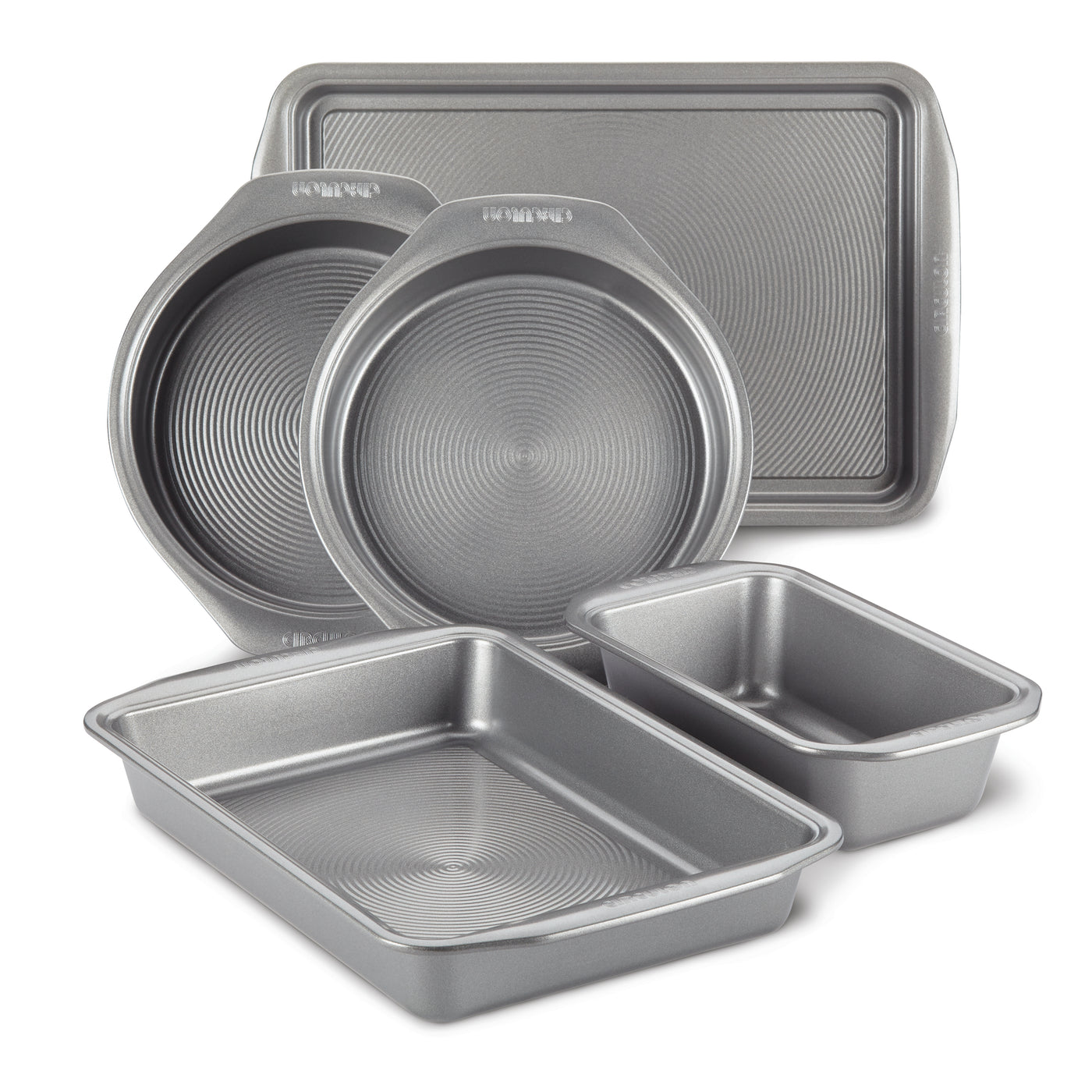 The 5-Piece Nonstick Bakeware Set is crafted from heavy gauge steel to prevent warping and includes various shapes and sizes of baking pans.