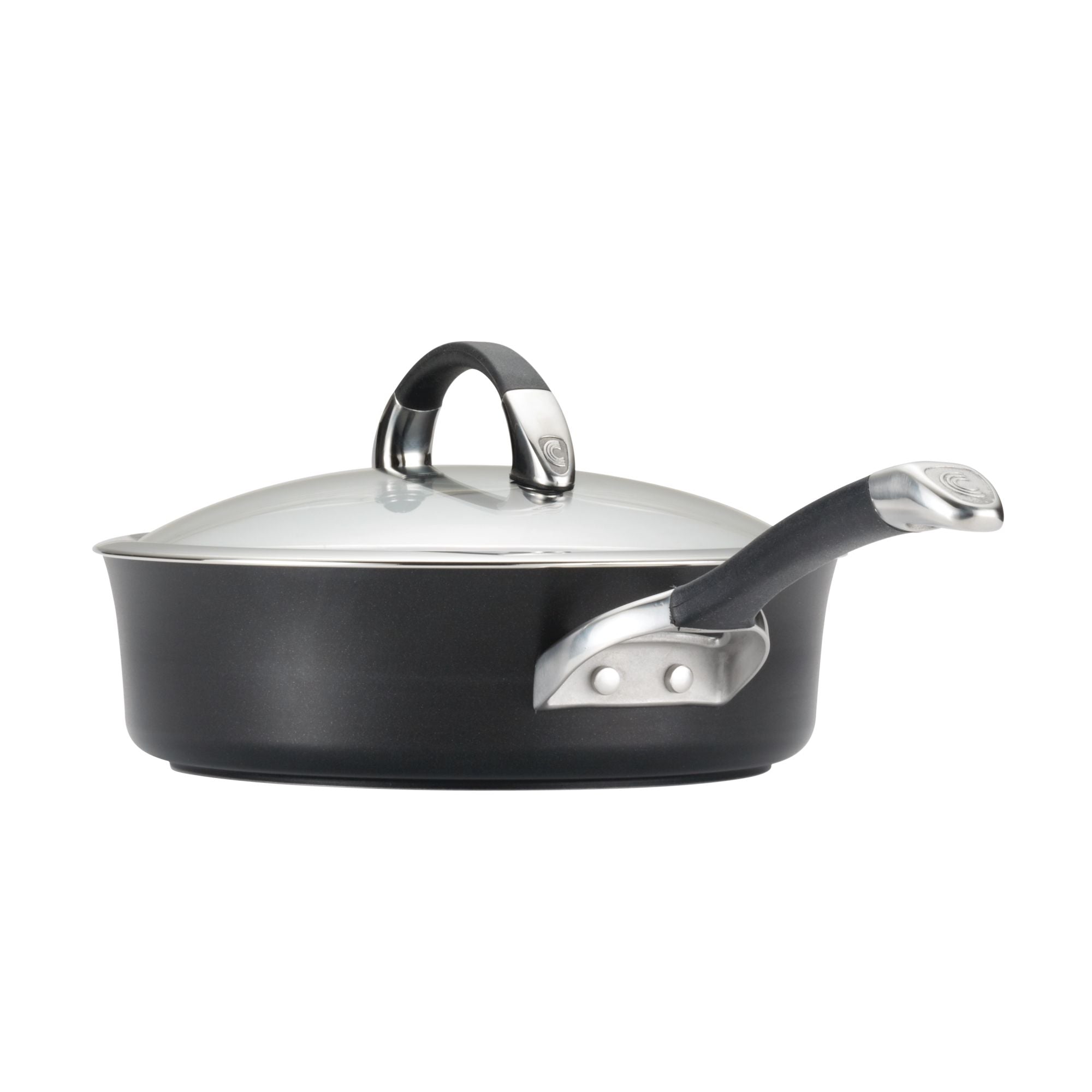 Black pot from the 11-Piece Cookware Set: Nonstick & Hard-Anodized, featuring a glass lid and handle, viewed from the side with its highly durable hard-anodized construction.