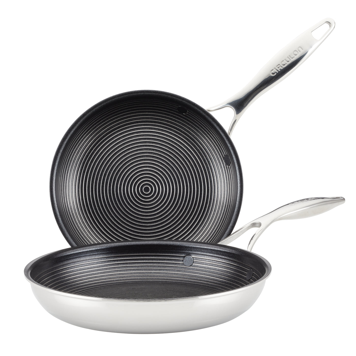 Two state-of-the-art nonstick frying pans from the 8.5" & 10" Tri-Ply Clad Set, designed with advanced SteelShield technology, are neatly stacked with elegant metal handles.