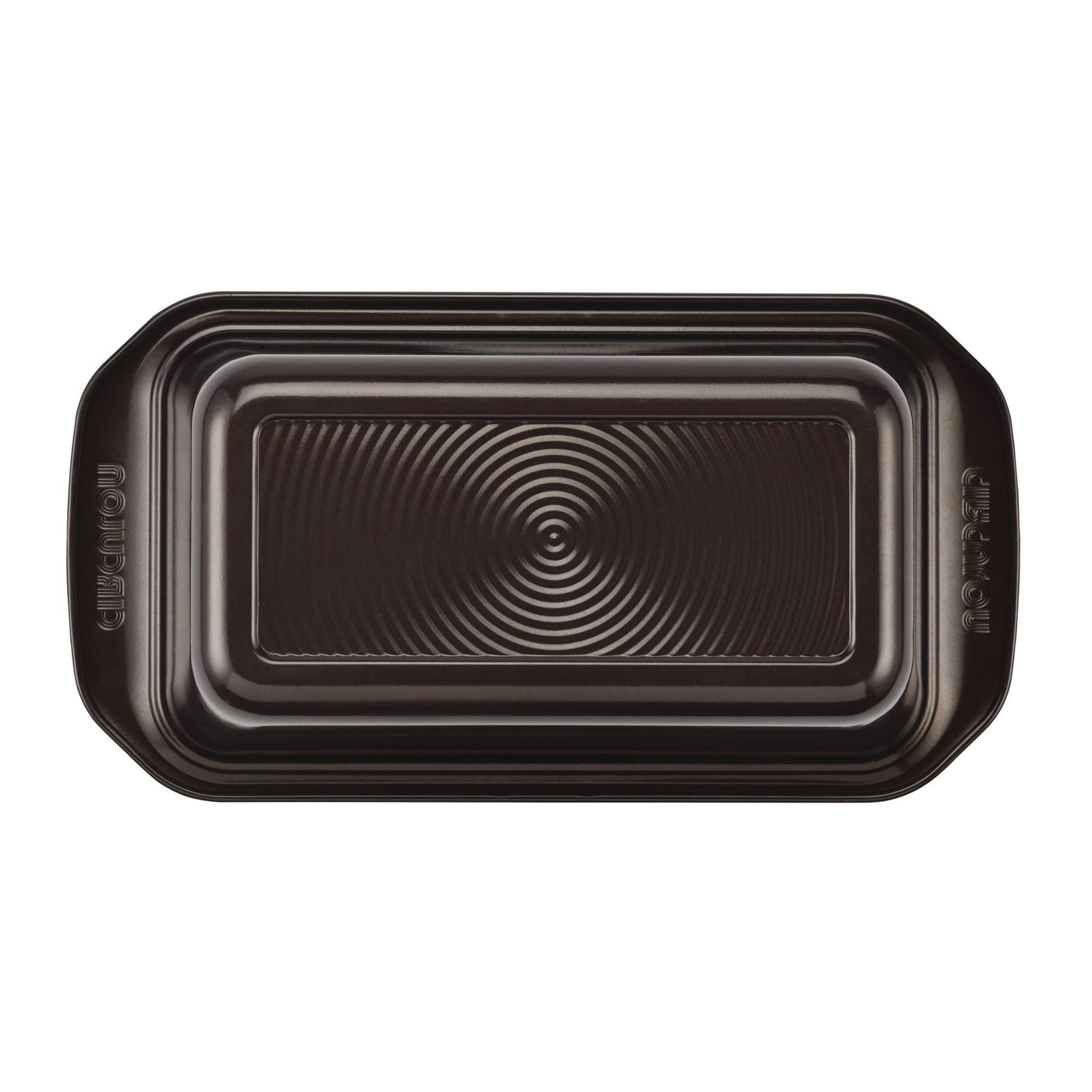 The 9" x 5" Nonstick Bakeware Loaf Pan features a premium-quality nonstick surface, an embossed circular pattern, and convenient handles.