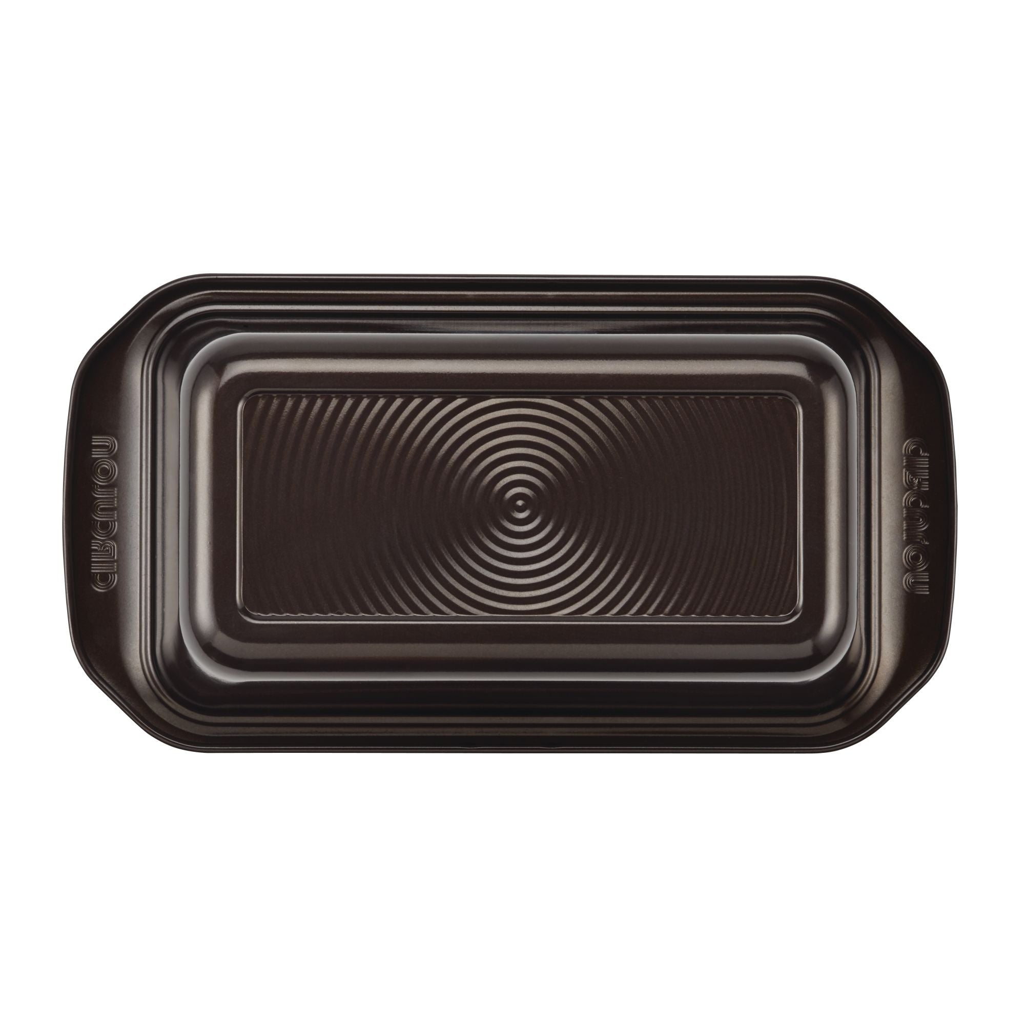 The 9" x 5" Nonstick Bakeware Loaf Pan features a premium-quality nonstick surface, an embossed circular pattern, and convenient handles.