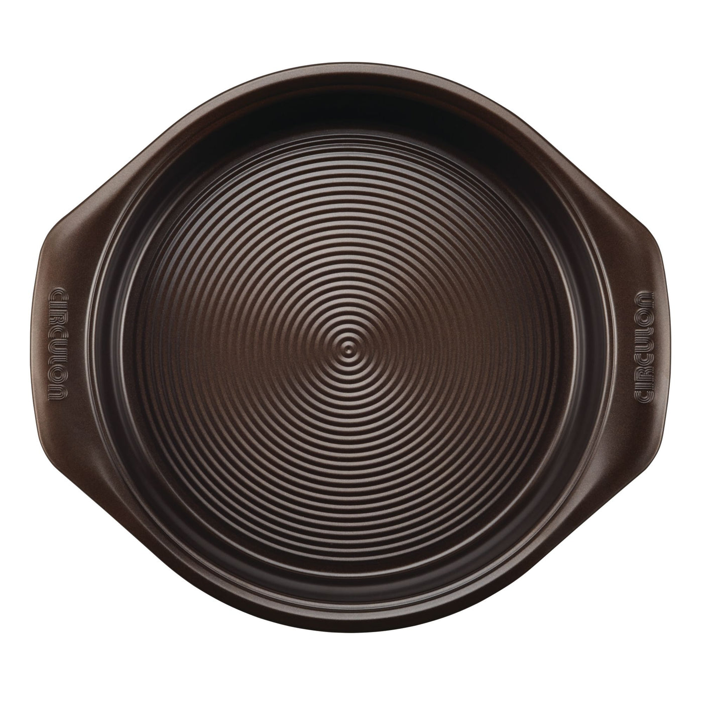 9-Inch Nonstick Round Cake Pan in dark brown with a ridged surface and convenient handles, ideal for crafting oven-safe cake creations.