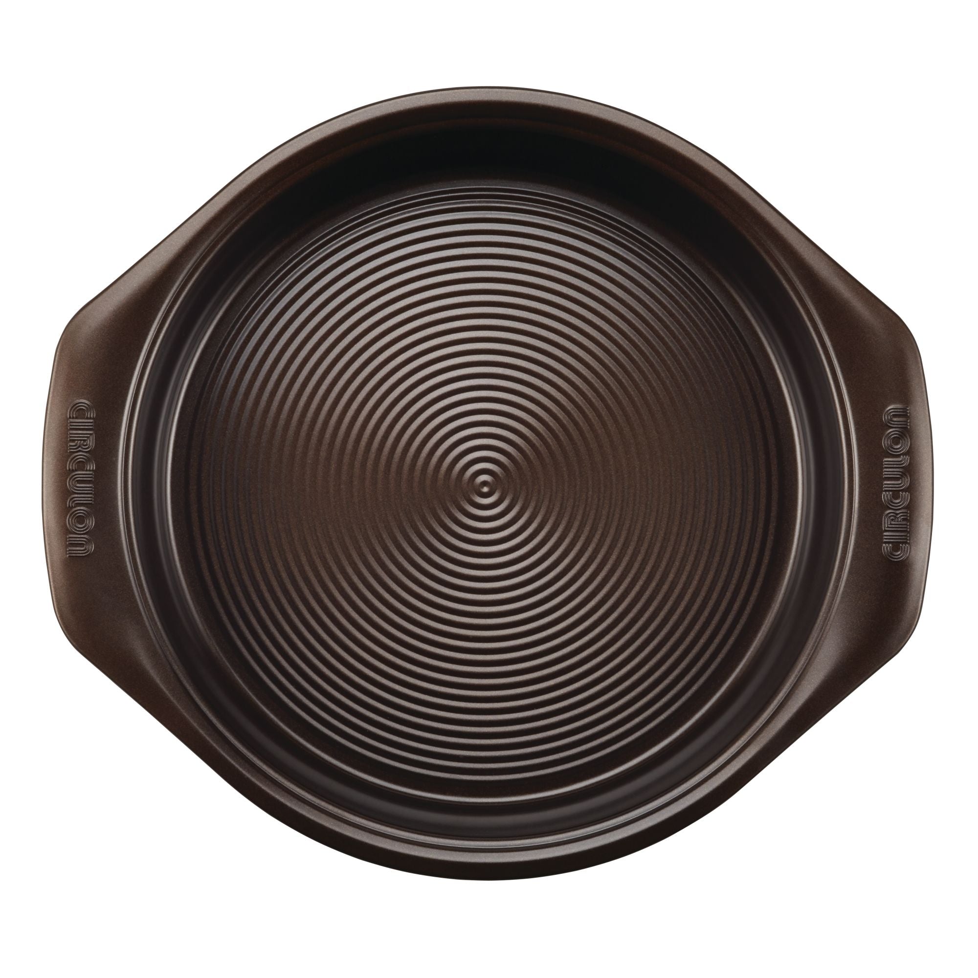 9-Inch Nonstick Round Cake Pan in dark brown with a ridged surface and convenient handles, ideal for crafting oven-safe cake creations.