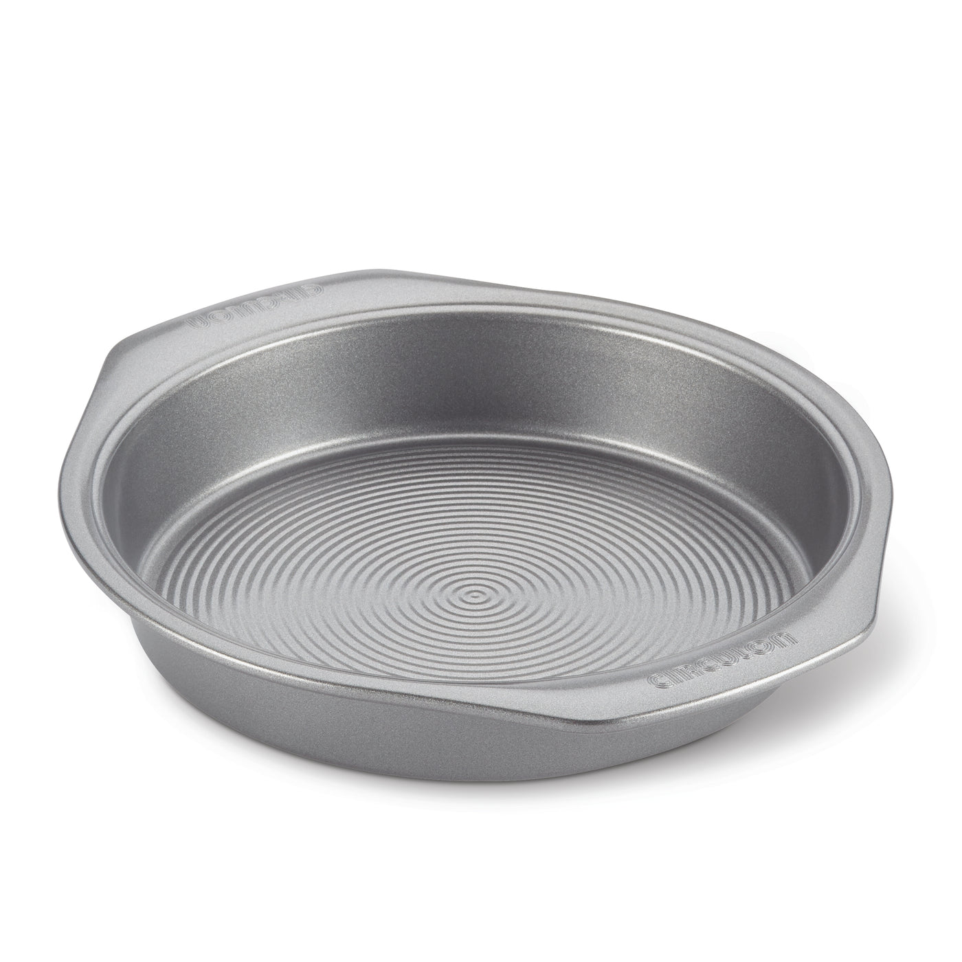 The 9-Inch Nonstick Round Cake Pan features a textured bottom, a nonstick surface, and convenient side handles. It is oven safe and perfect for all your baking needs.