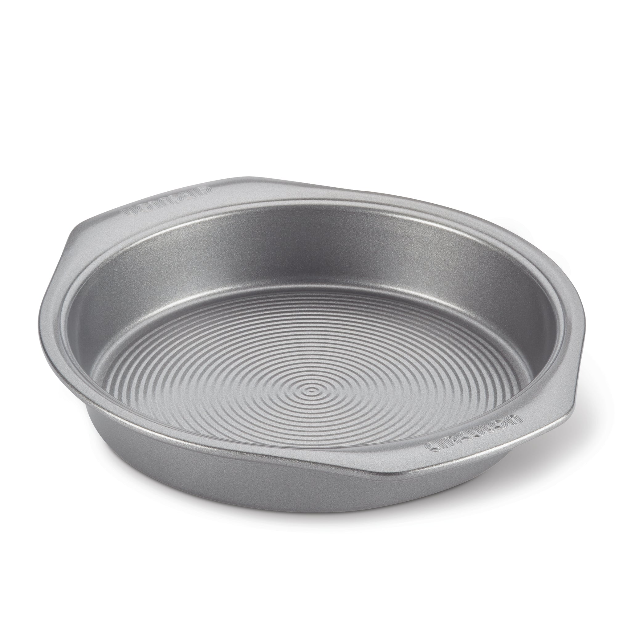 The 9-Inch Nonstick Round Cake Pan features a textured bottom, a nonstick surface, and convenient side handles. It is oven safe and perfect for all your baking needs.