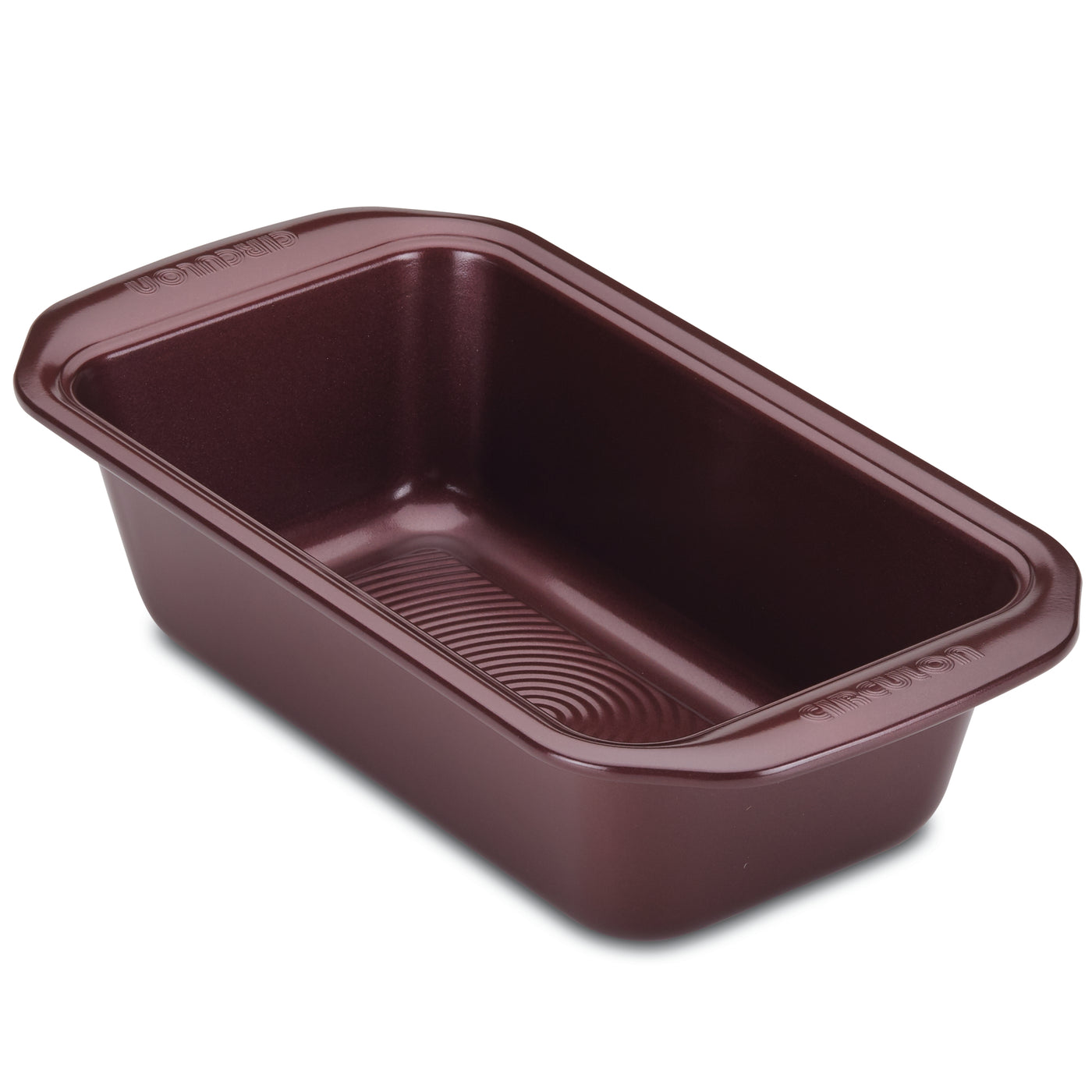 A 9" x 5" premium-quality nonstick bakeware loaf pan with handles, in a rectangular brown design.