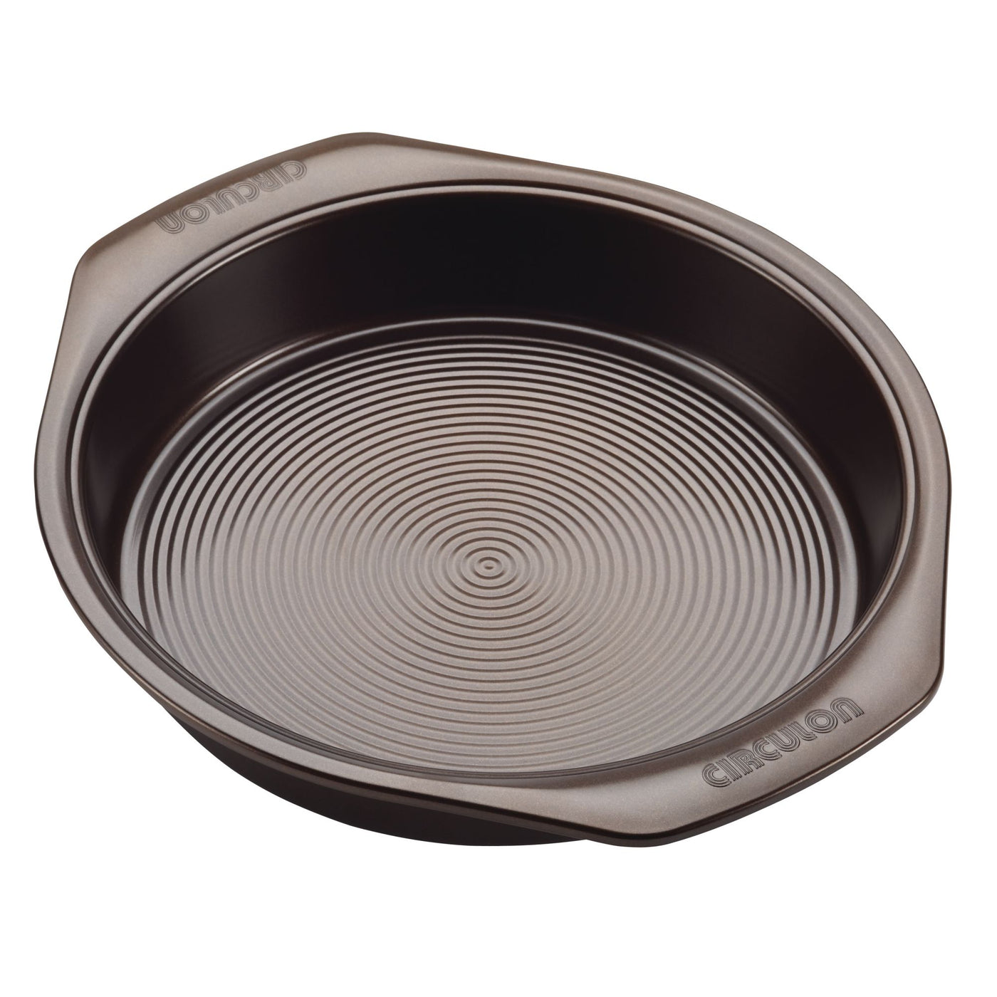 The 5-Piece Nonstick Bakeware Set includes a round baking pan made from heavy gauge steel, designed with raised concentric circles on the base to improve warp resistance.