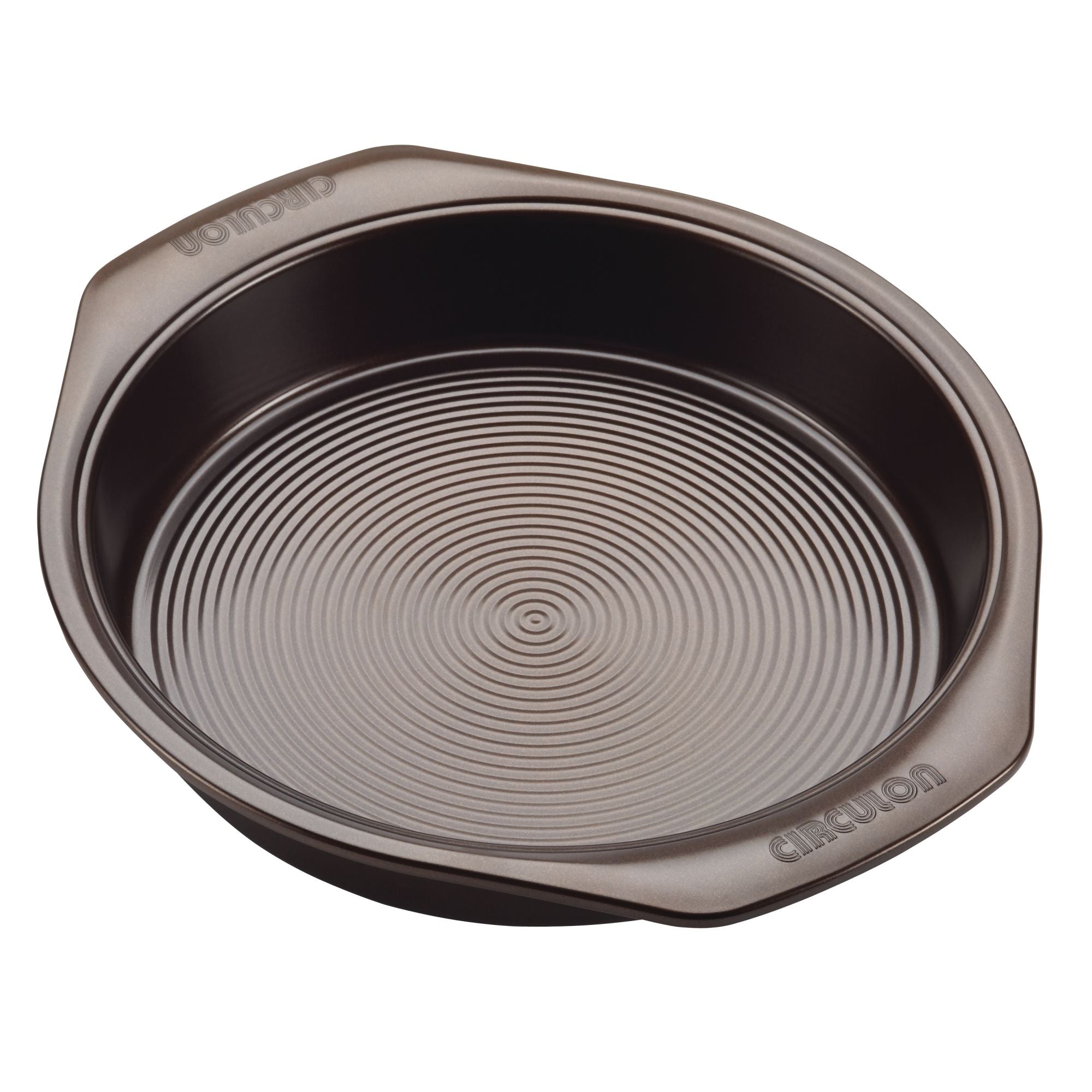 The 5-Piece Nonstick Bakeware Set includes a round baking pan made from heavy gauge steel, designed with raised concentric circles on the base to improve warp resistance.