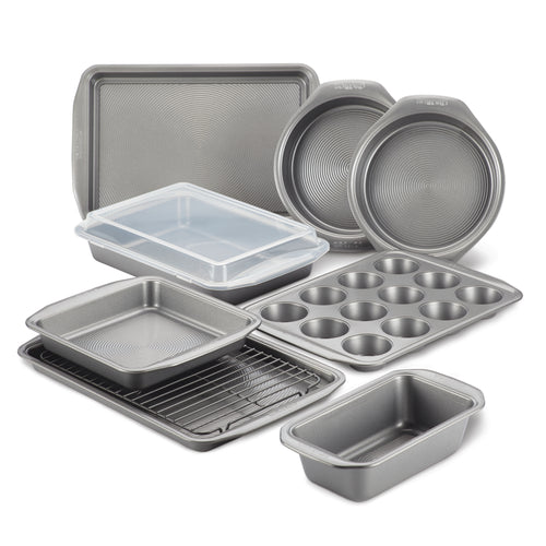 The 10-Piece Nonstick Bakeware Set, made from heavy gauge steel to prevent warping, is showcased on a white background.