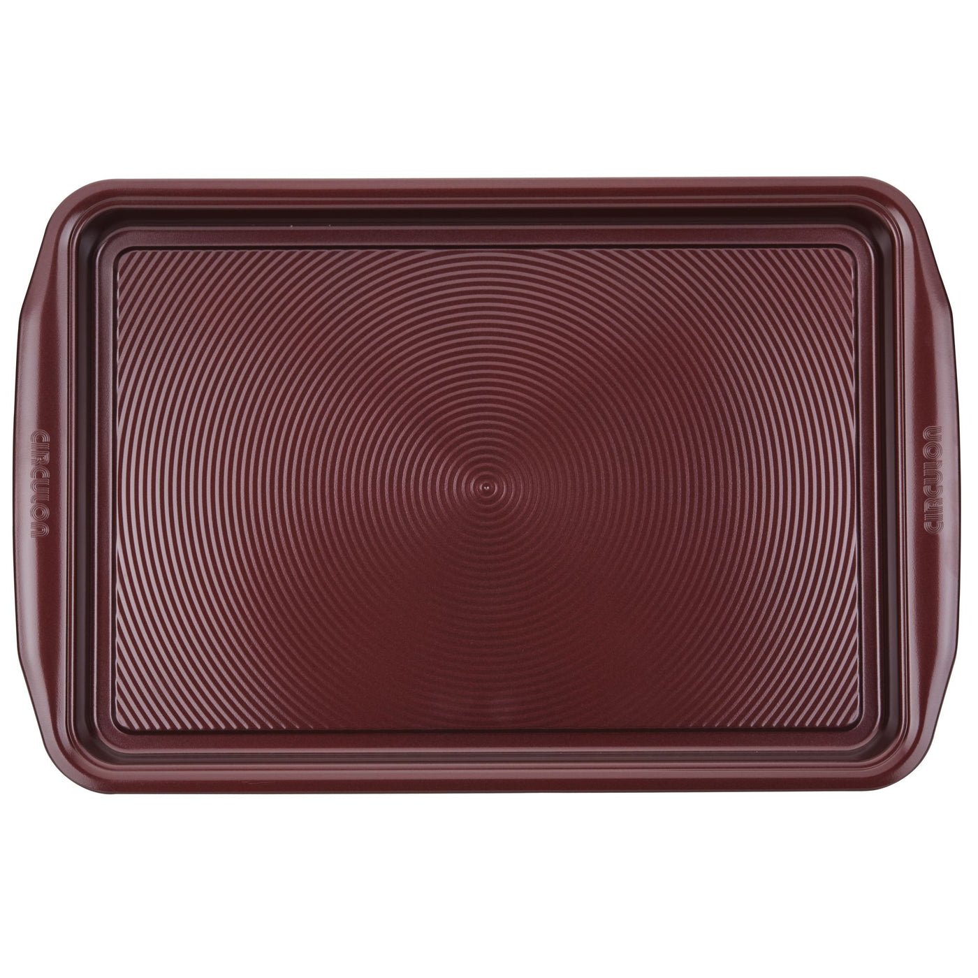 Introducing the 2-Piece Nonstick Cookie Sheet Set: These brown rectangular baking trays, designed with textured concentric circles, are perfect for your kitchen. The oven-safe set features a nonstick surface that guarantees easy release and hassle-free cleaning after baking.