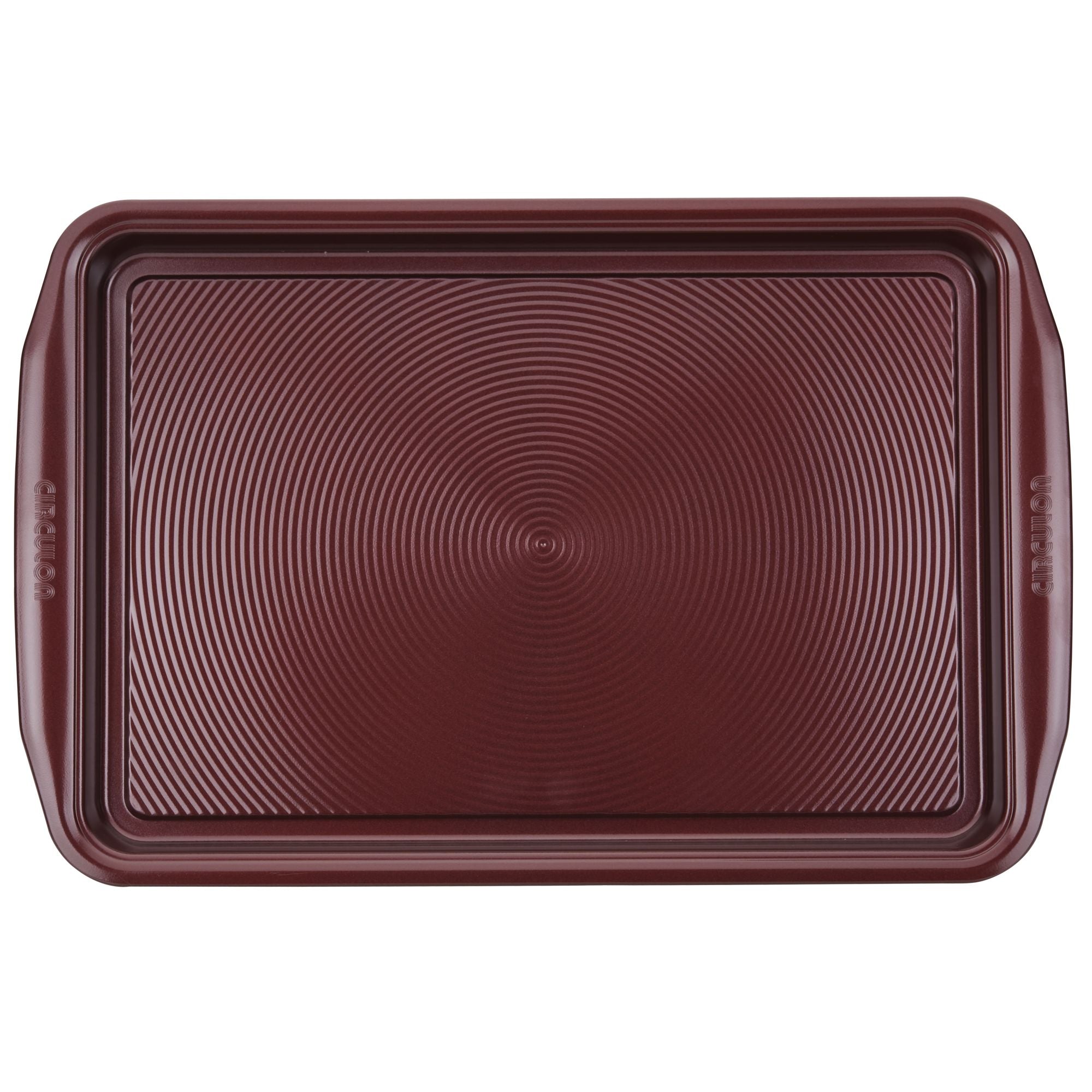 Introducing the 2-Piece Nonstick Cookie Sheet Set: These brown rectangular baking trays, designed with textured concentric circles, are perfect for your kitchen. The oven-safe set features a nonstick surface that guarantees easy release and hassle-free cleaning after baking.